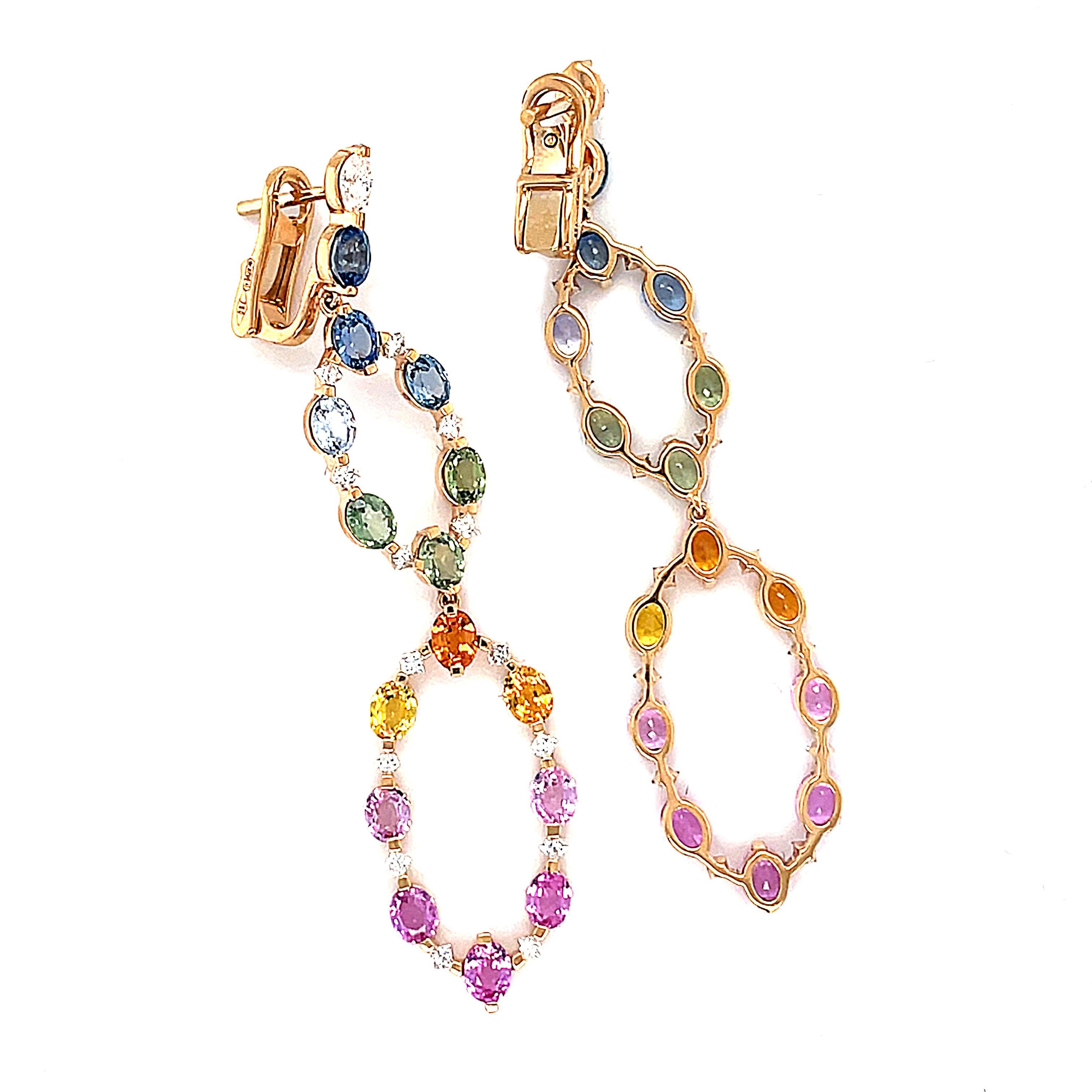 Women's 18 Karat Rose Gold Diamond Multi-coloured Sapphire Chandelier Earrings For Sale