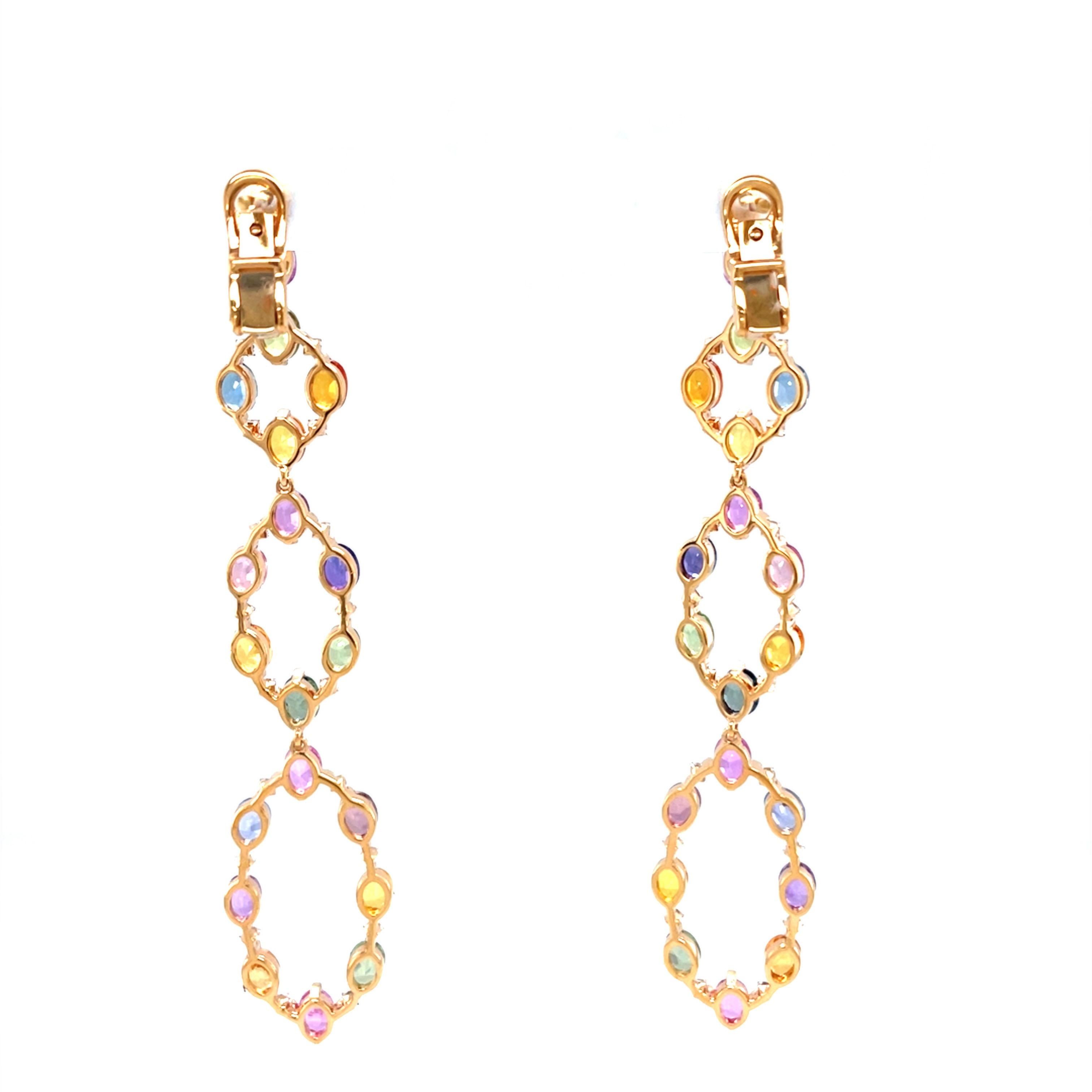 18 Karat Rose Gold Diamond Multi-Coloured Sapphire Chandelier Earrings For Sale 5