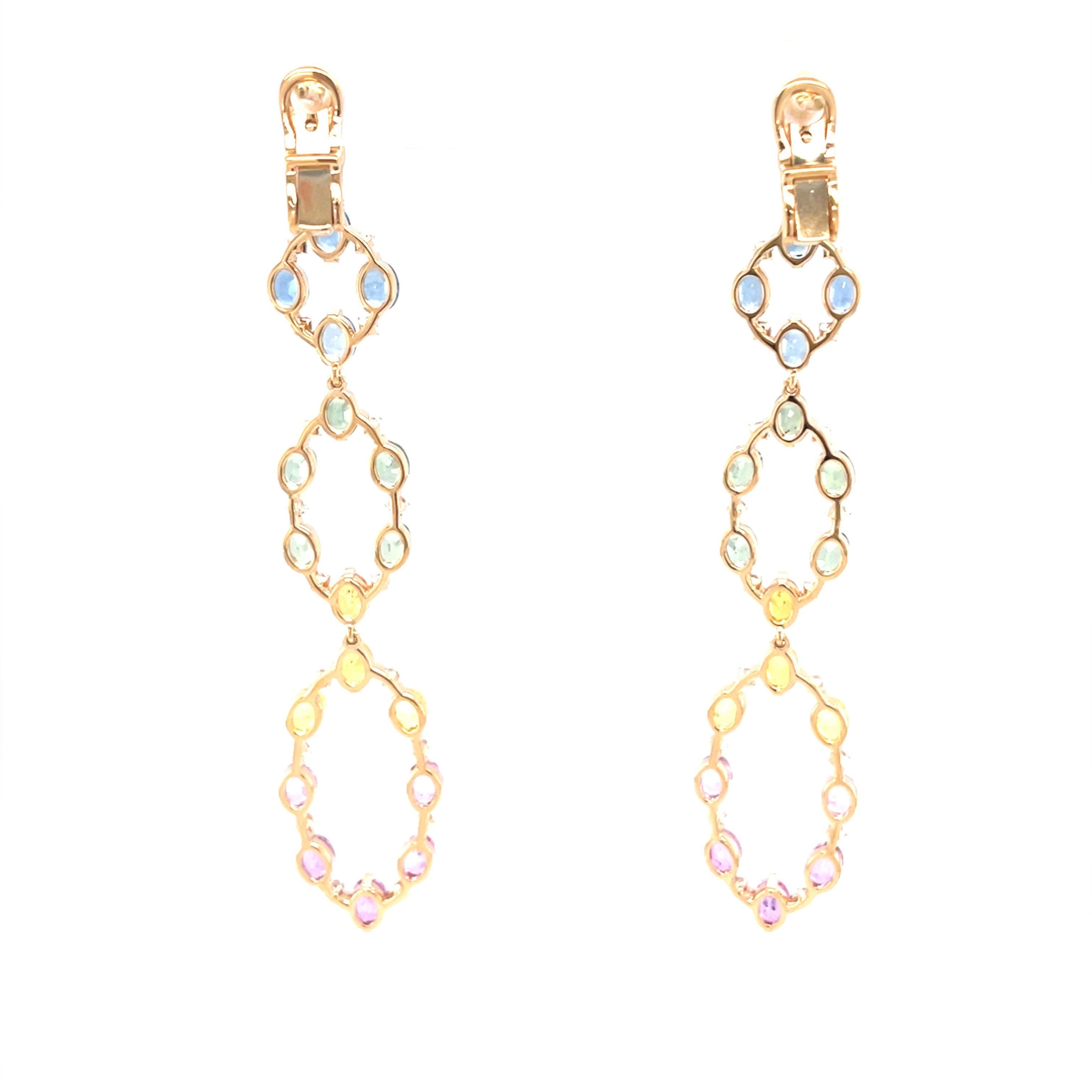 18 Karat Rose Gold Diamond Multi-Coloured Sapphire Chandelier Earrings For Sale 2