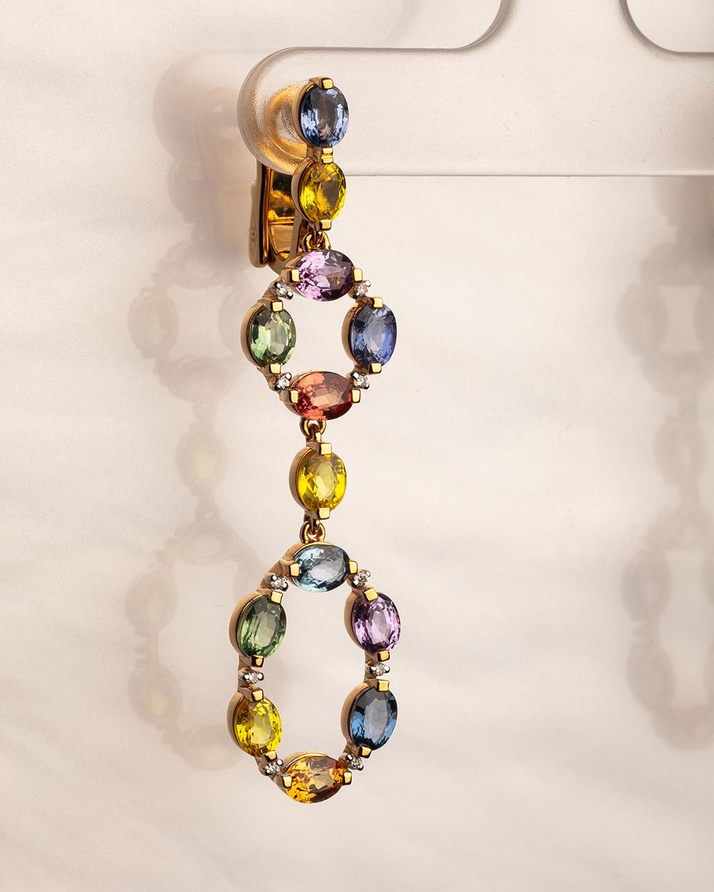 Women's 18 Karat Rose Gold Diamond Multi-coloured Sapphire Chandelier Earrings For Sale