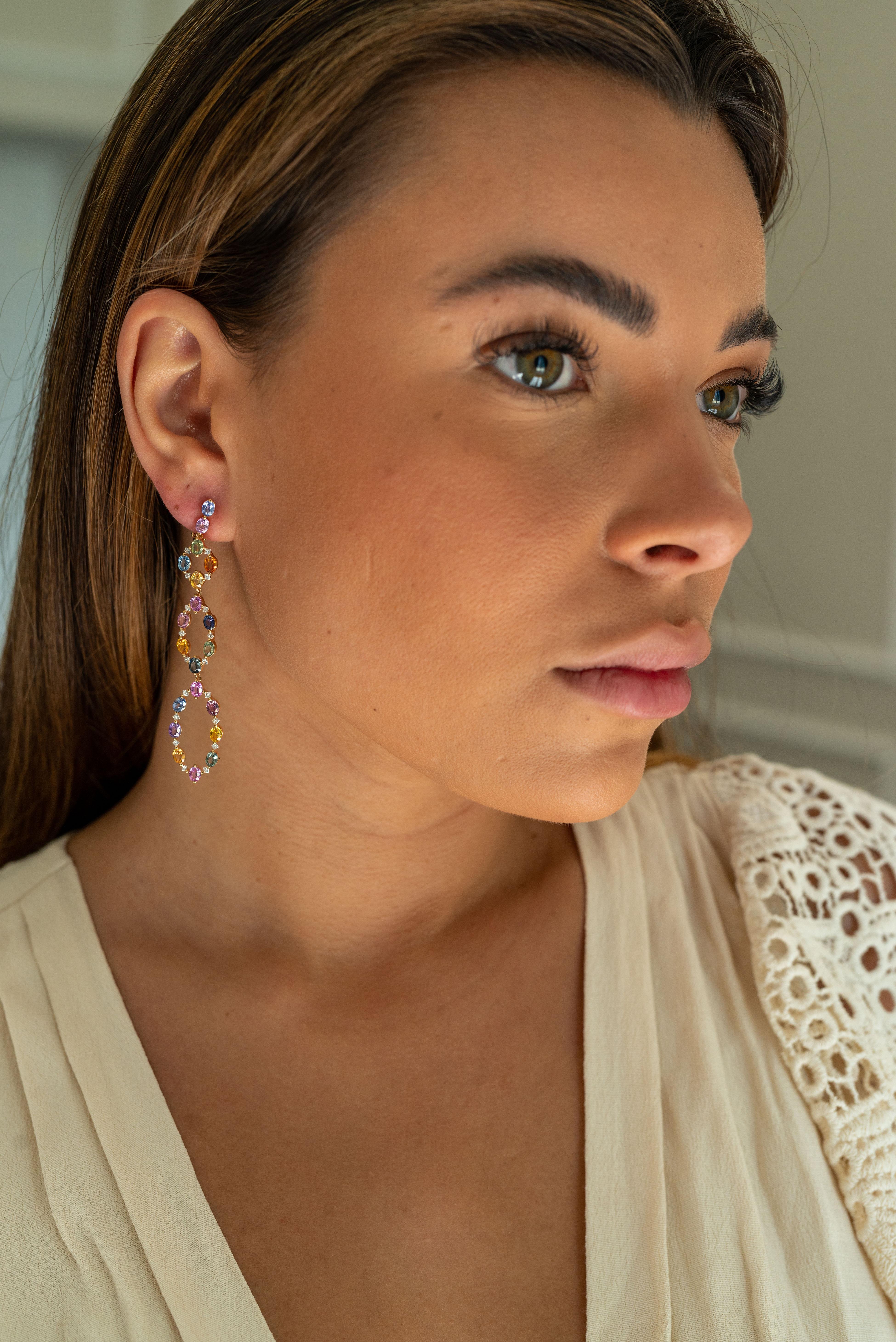 18 Karat Rose Gold Diamond Multi-Coloured Sapphire Chandelier Earrings For Sale 3