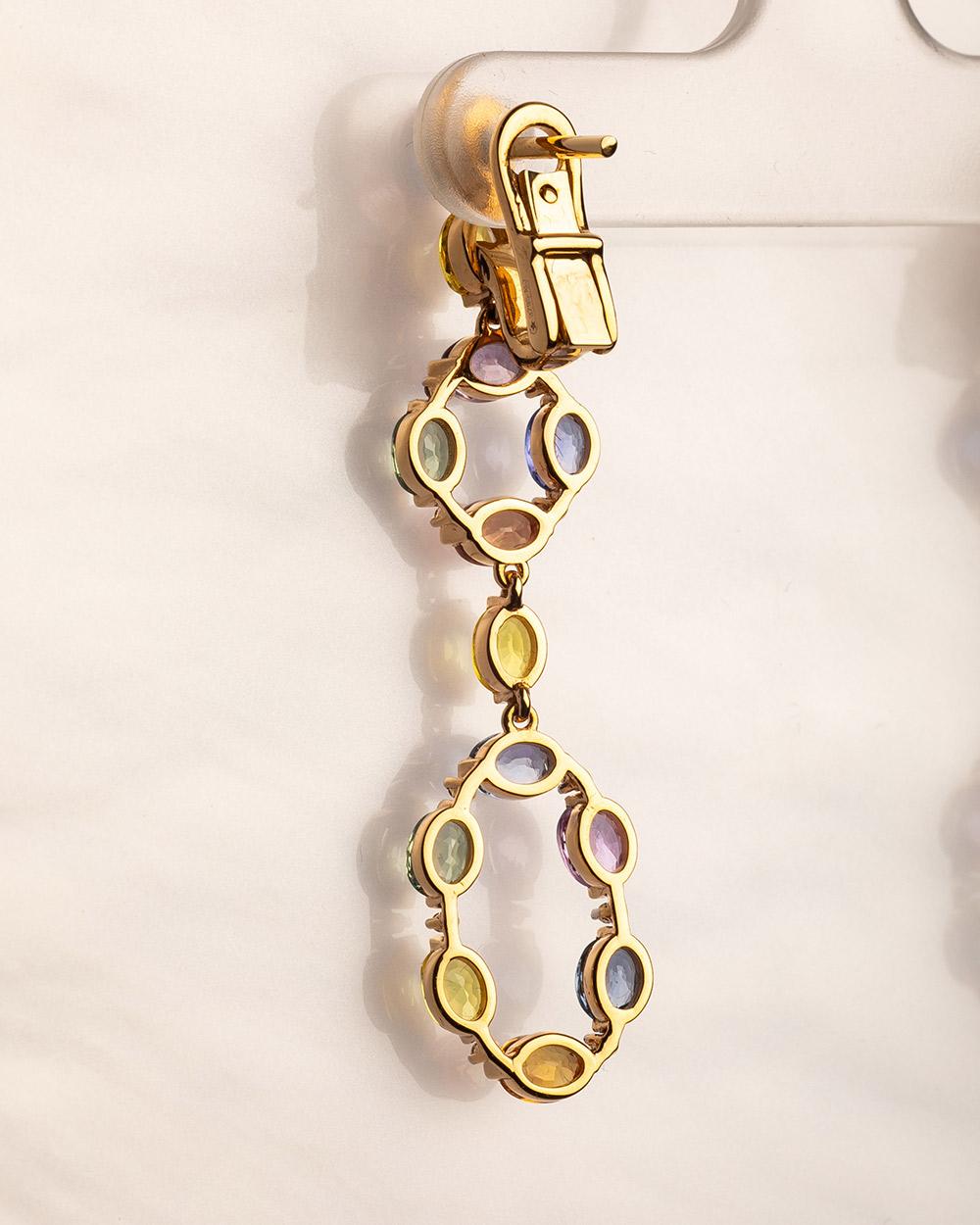 18 Karat Rose Gold Diamond Multi-coloured Sapphire Chandelier Earrings For Sale 1