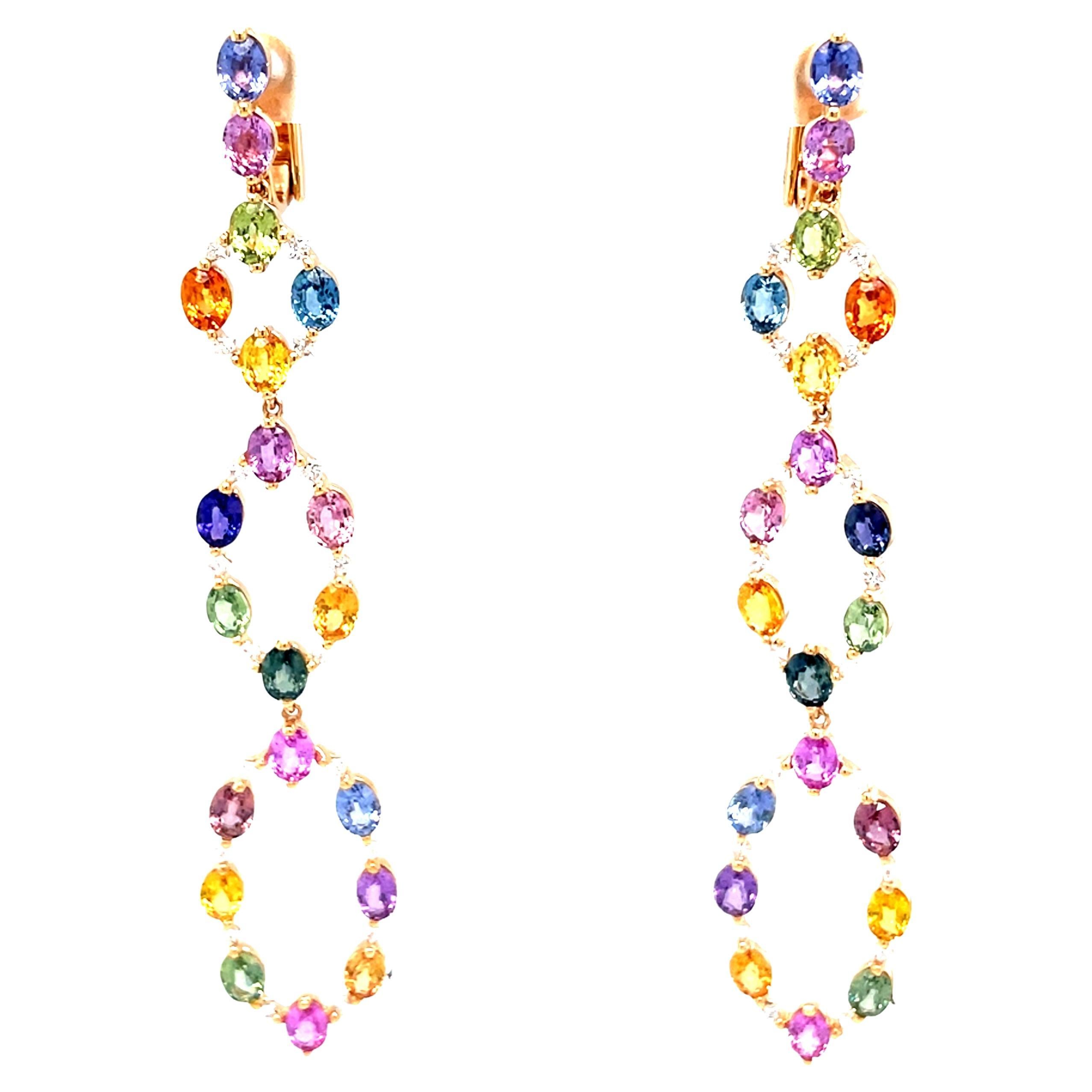 Boucles d'oreilles chandelier en or rose 18 carats avec diamants et saphirs multicolores