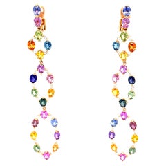 Boucles d'oreilles chandelier en or rose 18 carats avec diamants et saphirs multicolores