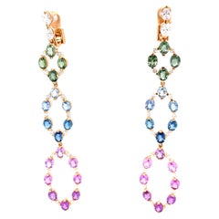 Boucles d'oreilles chandelier en or rose 18 carats avec diamants et saphirs multicolores