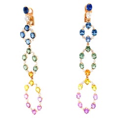 18 Karat Rose Gold Diamond Multi-Coloured Sapphire Chandelier Earrings