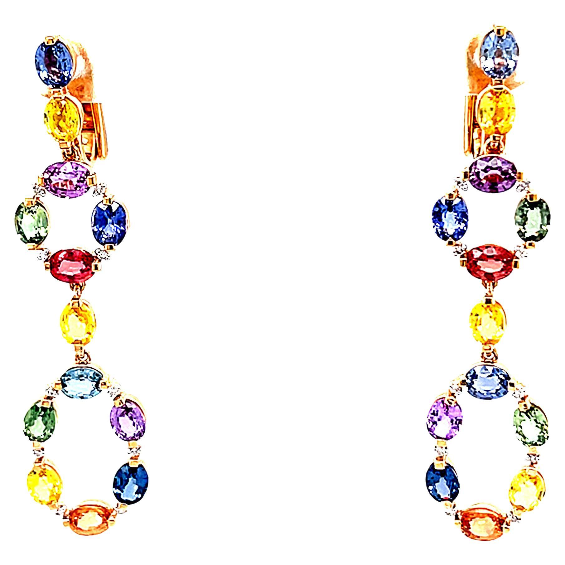 Boucles d'oreilles chandelier en or rose 18 carats avec diamants et saphirs multicolores