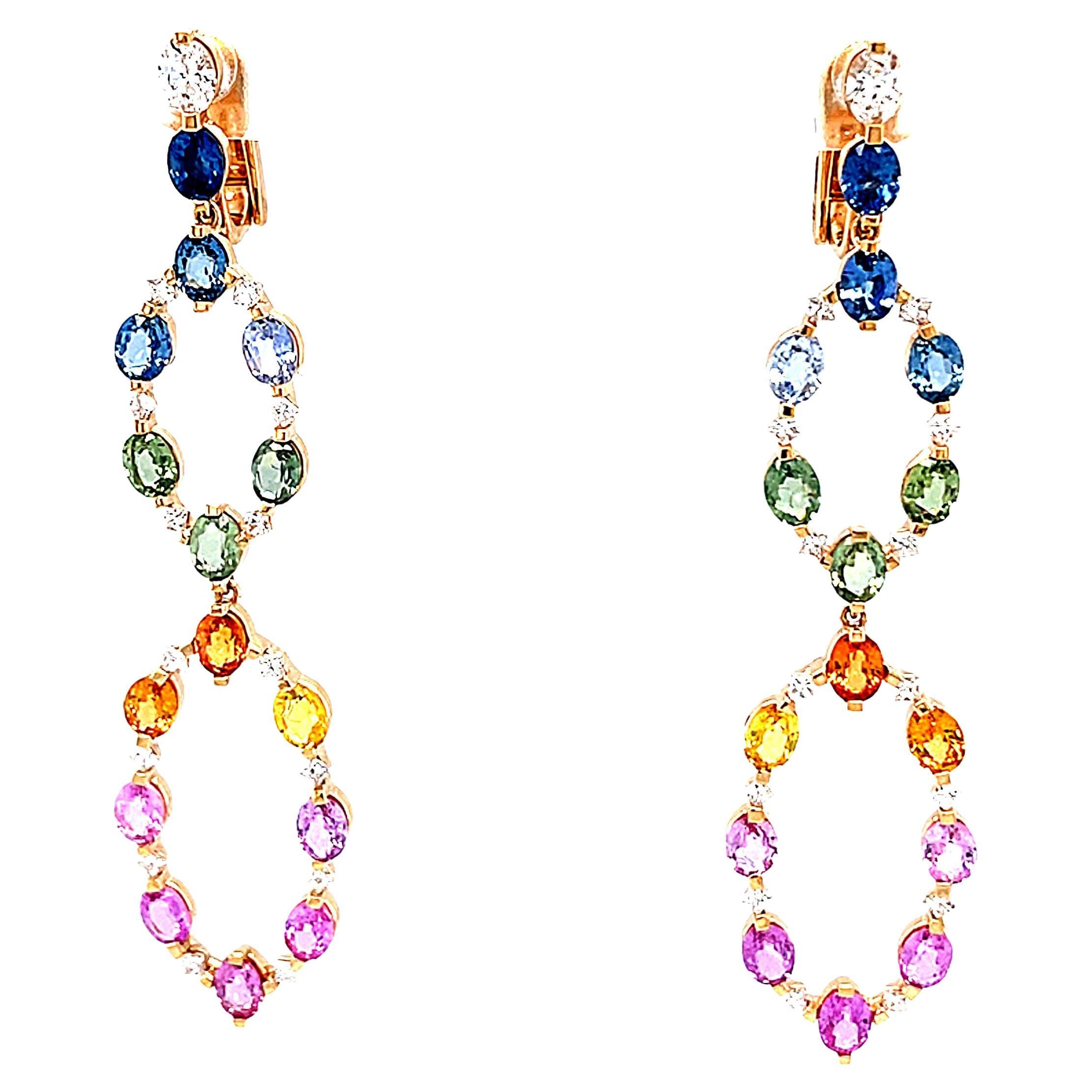 Boucles d'oreilles chandelier en or rose 18 carats avec diamants et saphirs multicolores