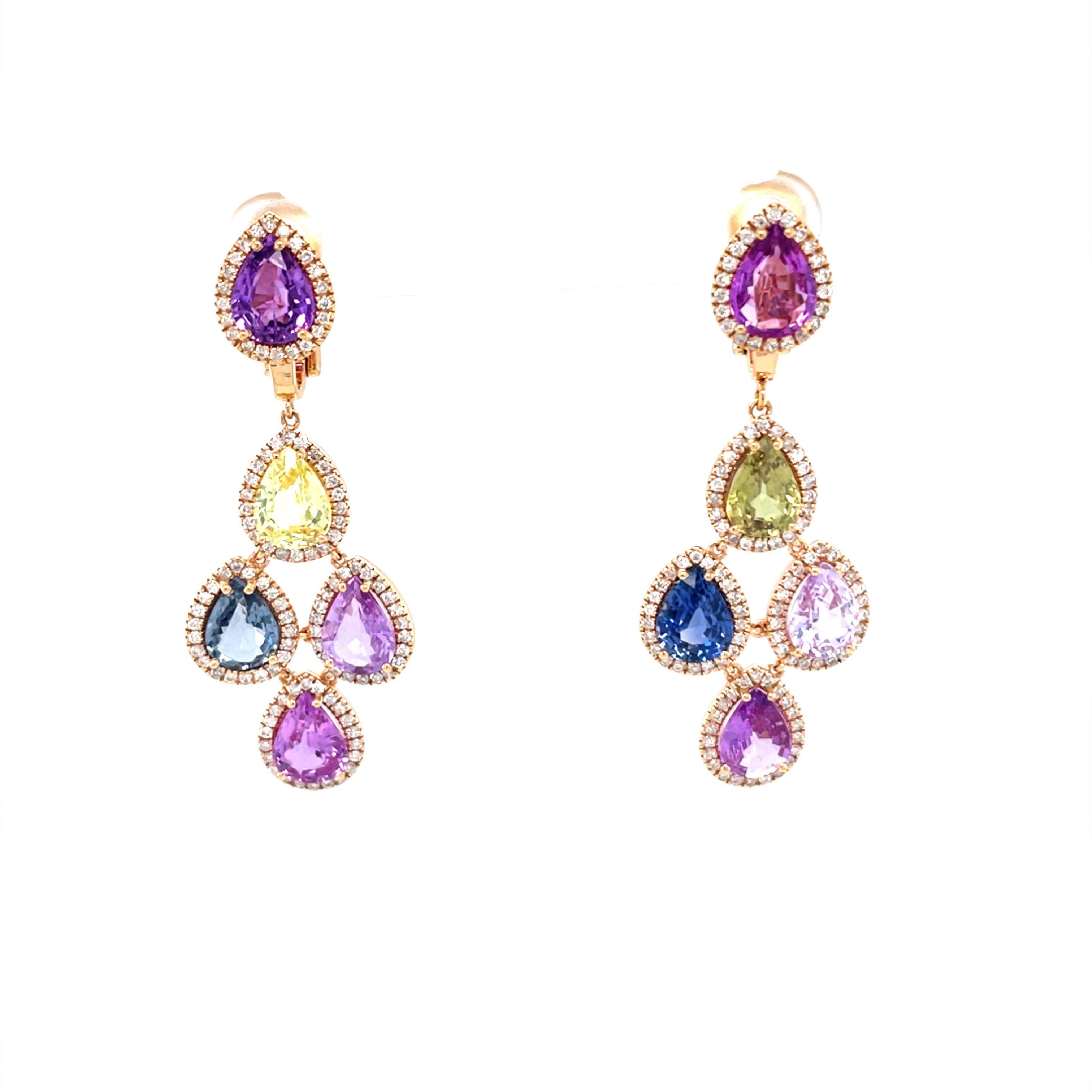 Women's 18 Karat Rose Gold Diamond Multi-Coloured Sapphire Drop Earrings For Sale
