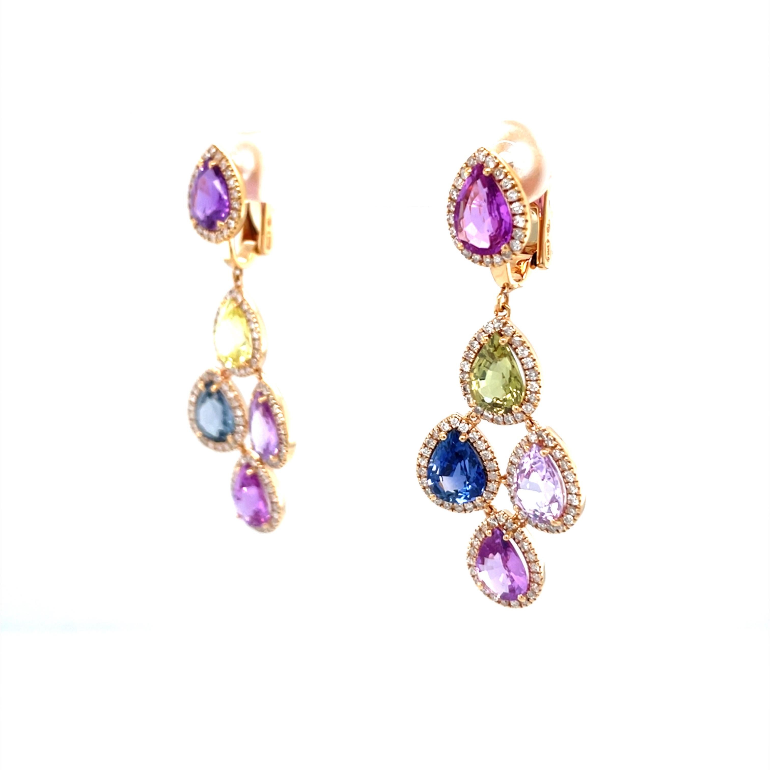 18 Karat Rose Gold Diamond Multi-Coloured Sapphire Drop Earrings For Sale 1
