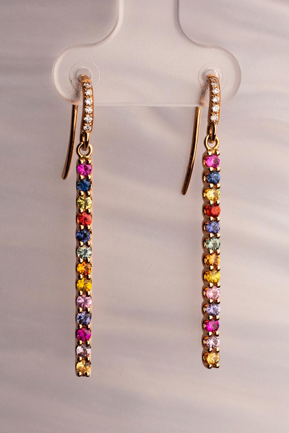Contemporary 18 Karat Rose Gold Diamond Multi-coloured Sapphire Drop Earrings For Sale