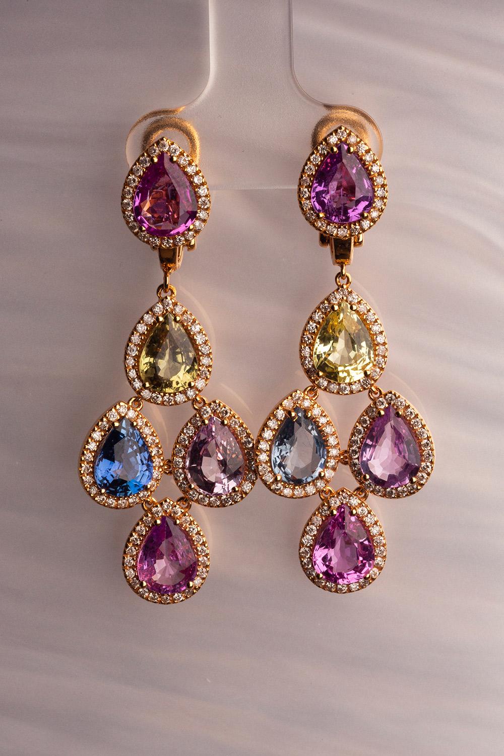 Oval Cut 18 Karat Rose Gold Diamond Multi-Coloured Sapphire Drop Earrings For Sale