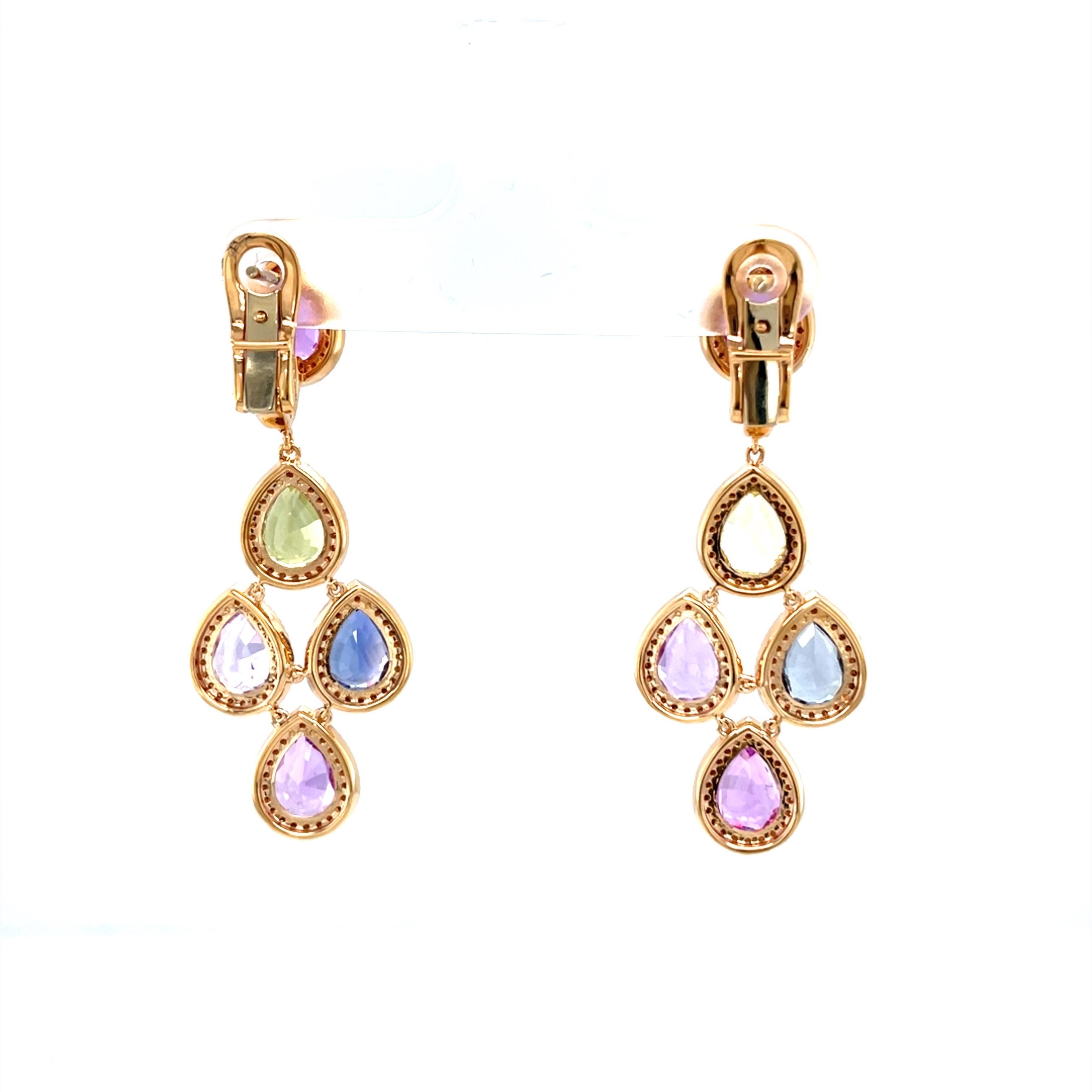 18 Karat Rose Gold Diamond Multi-Coloured Sapphire Drop Earrings For Sale 3