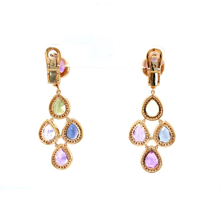 18 Karat Rose Gold Diamond Multi-Coloured Sapphire Drop Earrings For ...
