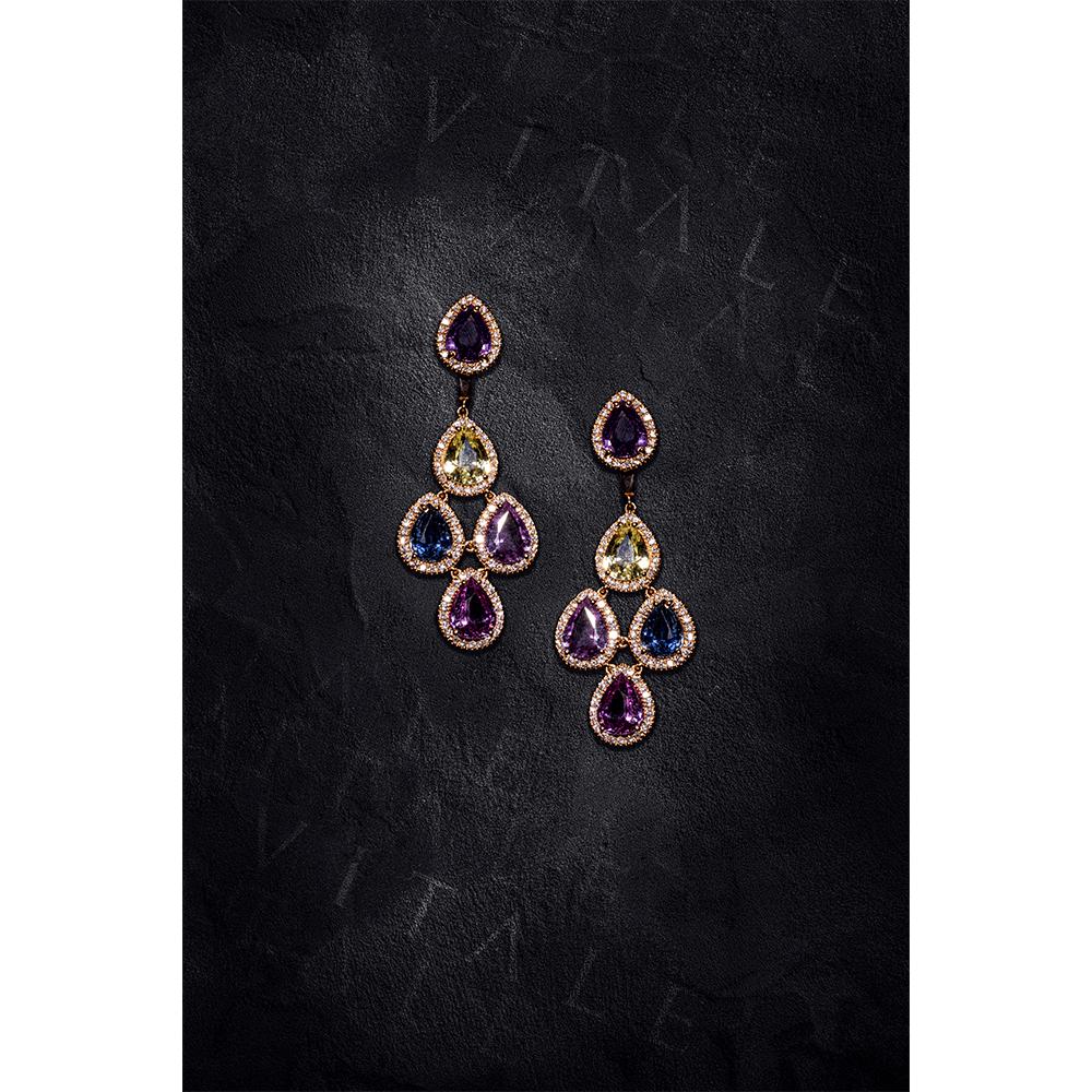 18 Karat Rose Gold Diamond Multi-Coloured Sapphire Drop Earrings In New Condition For Sale In Monte-Carlo, MC