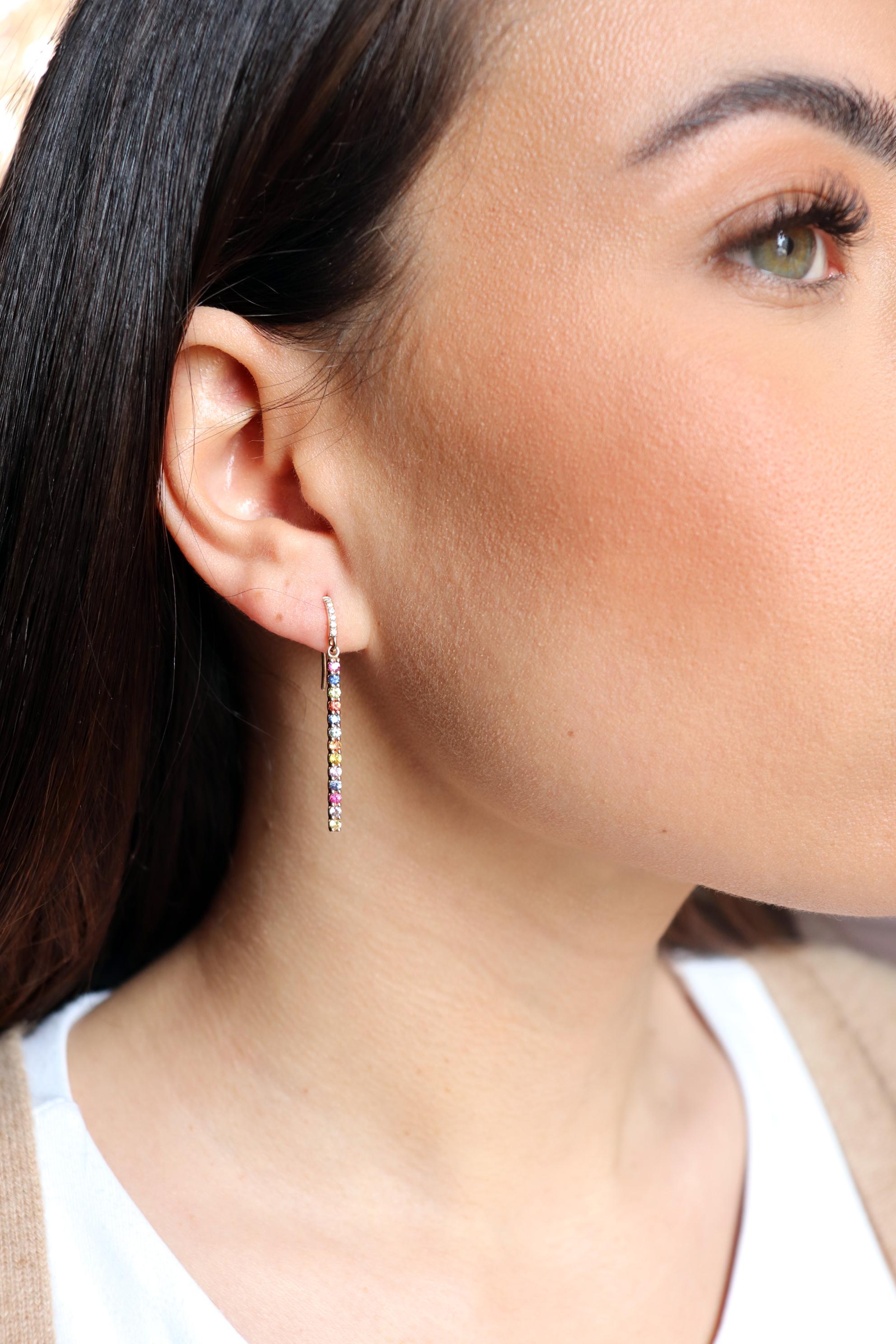 18 Karat Rose Gold Diamond Multi-coloured Sapphire Drop Earrings For Sale 2