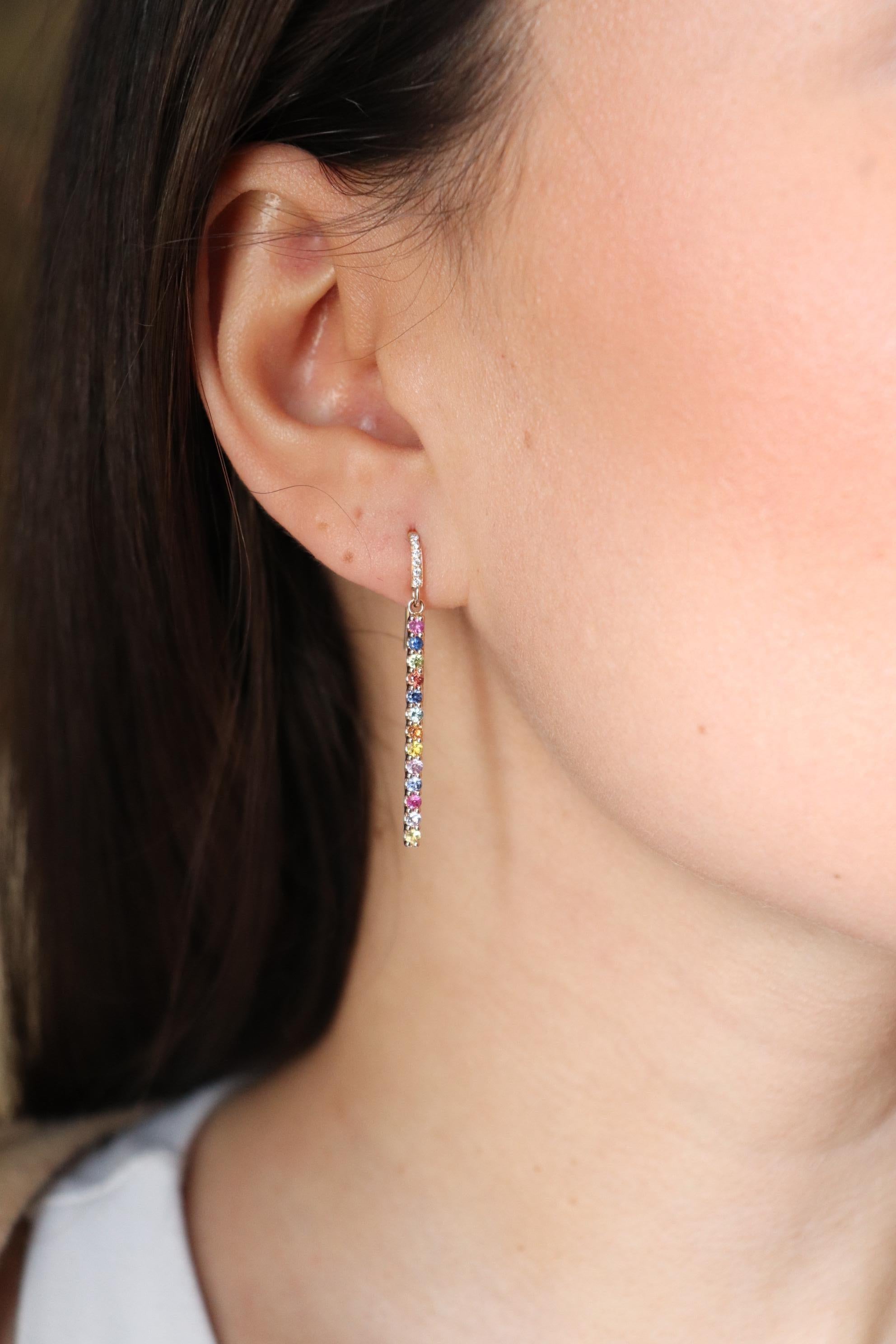 18 Karat Rose Gold Diamond Multi-coloured Sapphire Drop Earrings For Sale 3