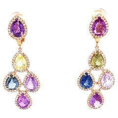18 Karat Rose Gold Diamond Multi-Coloured Sapphire Drop Earrings