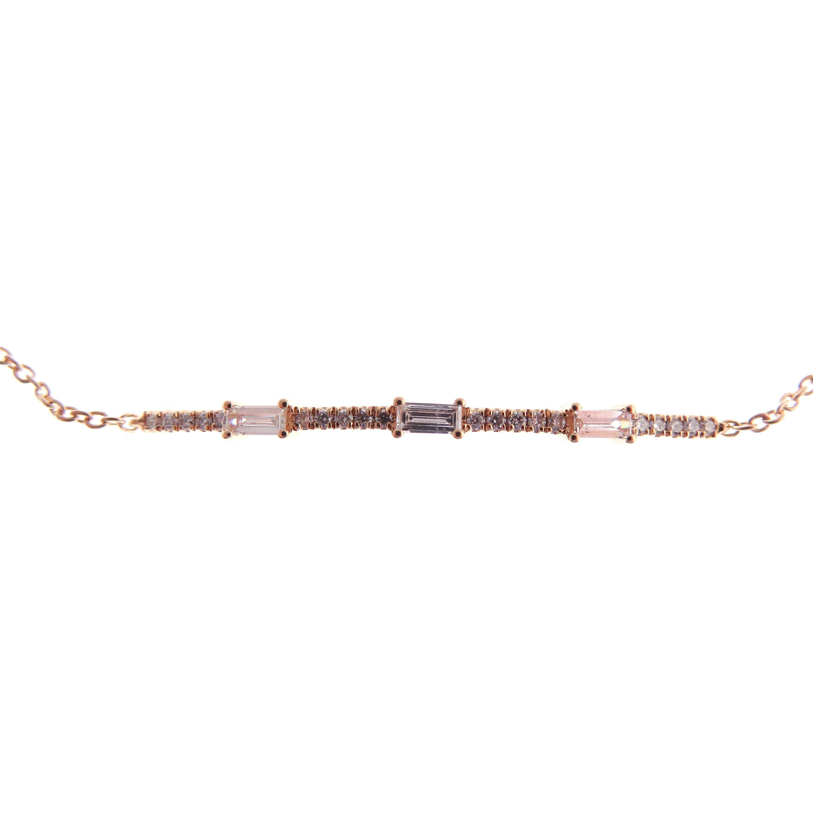 This delicate, diamond bracelet is crafted in 18-karat rose gold, weighing approximately 0.25 total carats of SI Quality white diamonds. 
Bracelet clasp is spring ring with adjustable size.

Bracelet is approximately 7