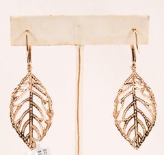 18 Karat Rose Gold Diamond Pave Pierced Dangle Leaf Earrings