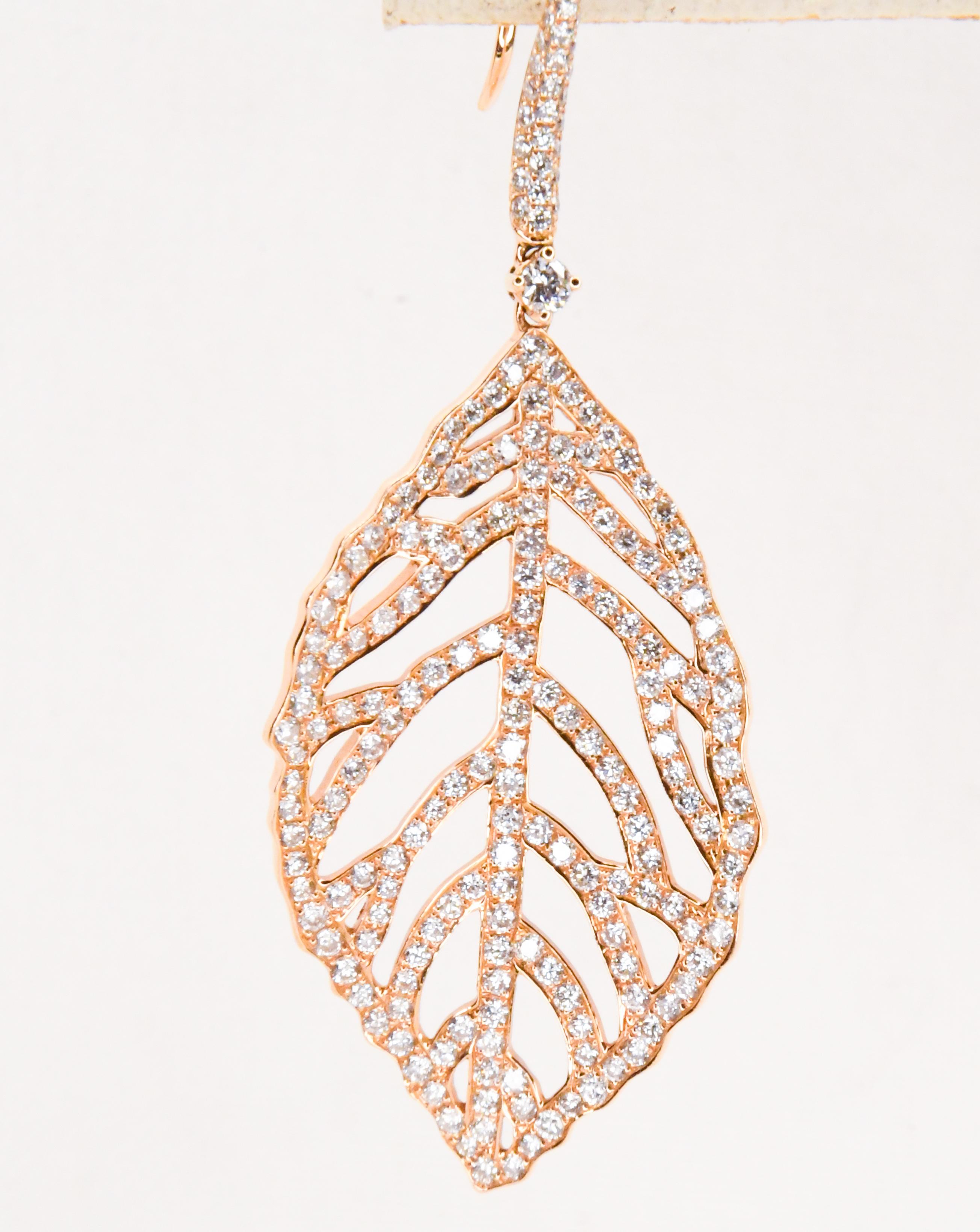 Contemporary 18 Karat Rose Gold Diamond Pave Pierced Dangle Leaf Earrings For Sale