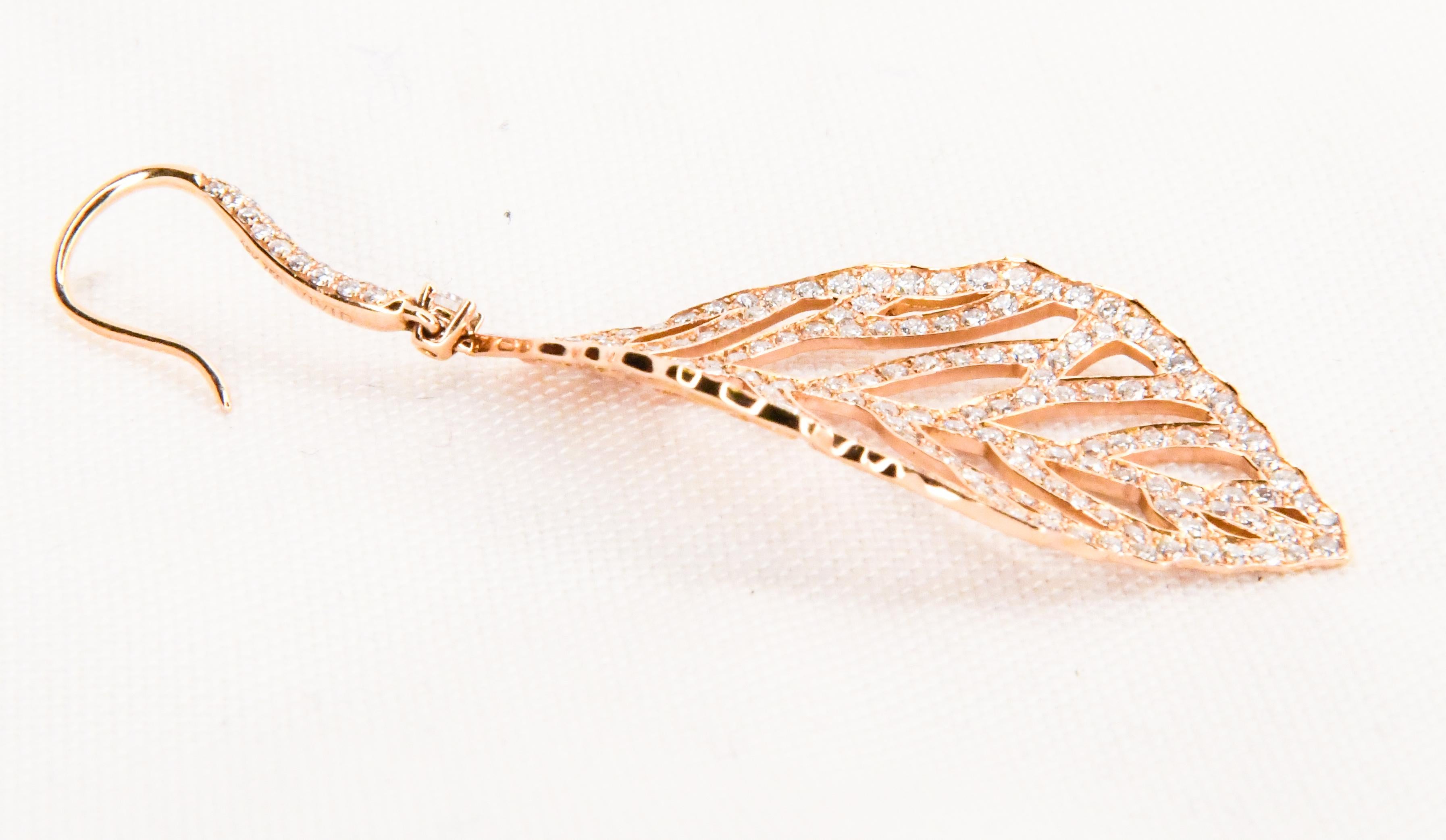 Brilliant Cut 18 Karat Rose Gold Diamond Pave Pierced Dangle Leaf Earrings For Sale