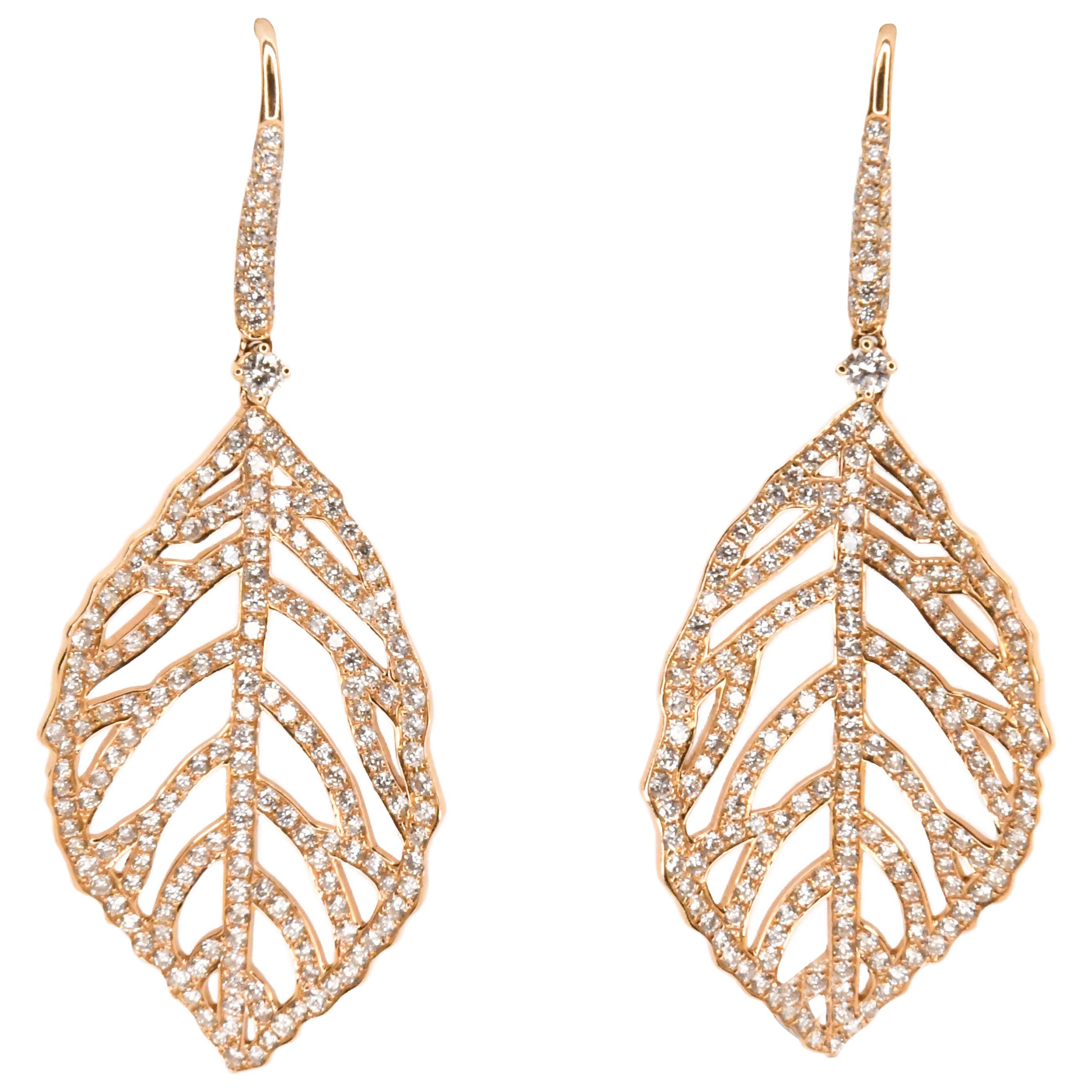 18 Karat Rose Gold Diamond Pave Pierced Dangle Leaf Earrings For Sale