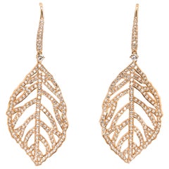 18 Karat Rose Gold Diamond Pave Pierced Dangle Leaf Earrings