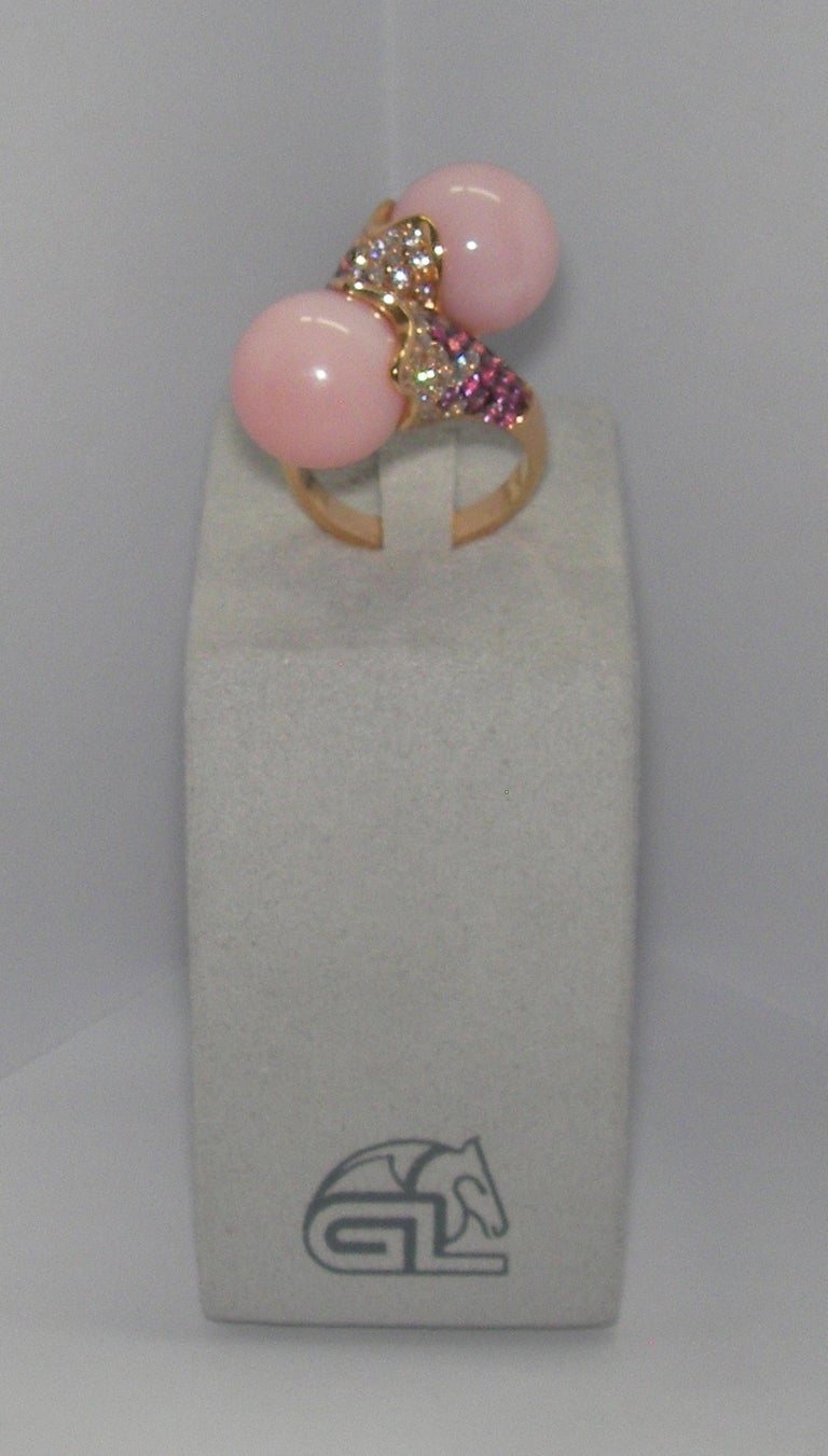 Mixed Cut 18 Karat Rose Gold, Diamond, Pink Sapphire and Rose Opal Cocktail Ring For Sale