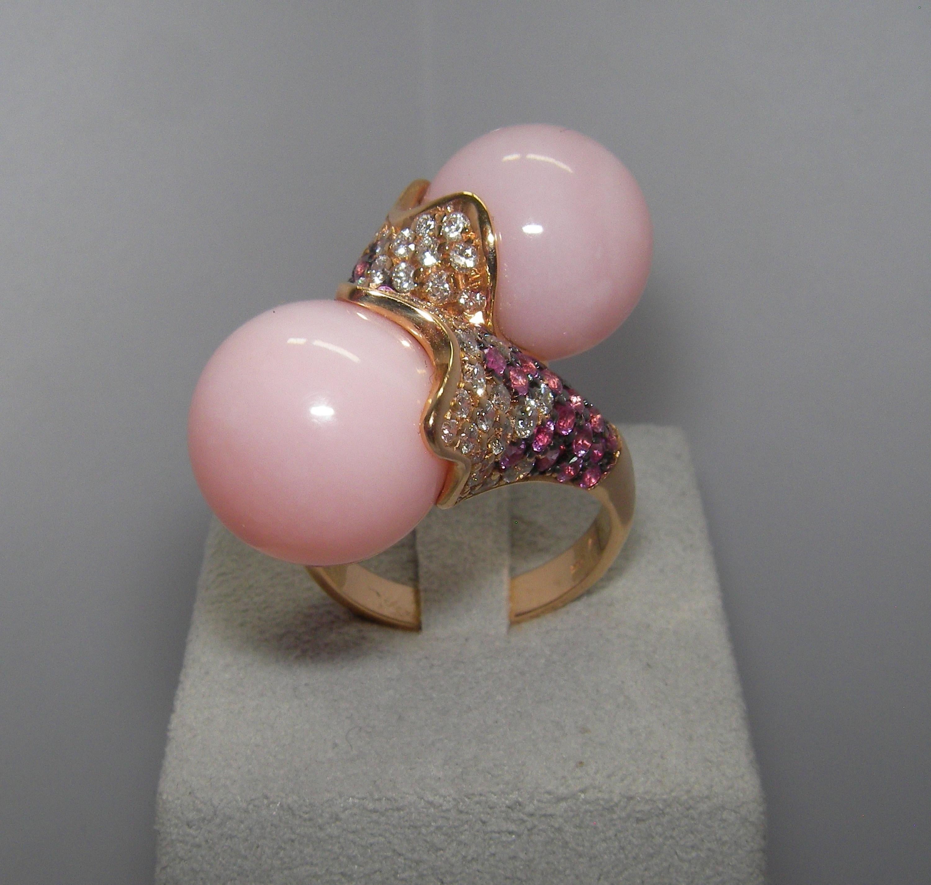 Mixed Cut 18 Karat Rose Gold, Diamond, Pink Sapphire and Rose Opal Cocktail Ring