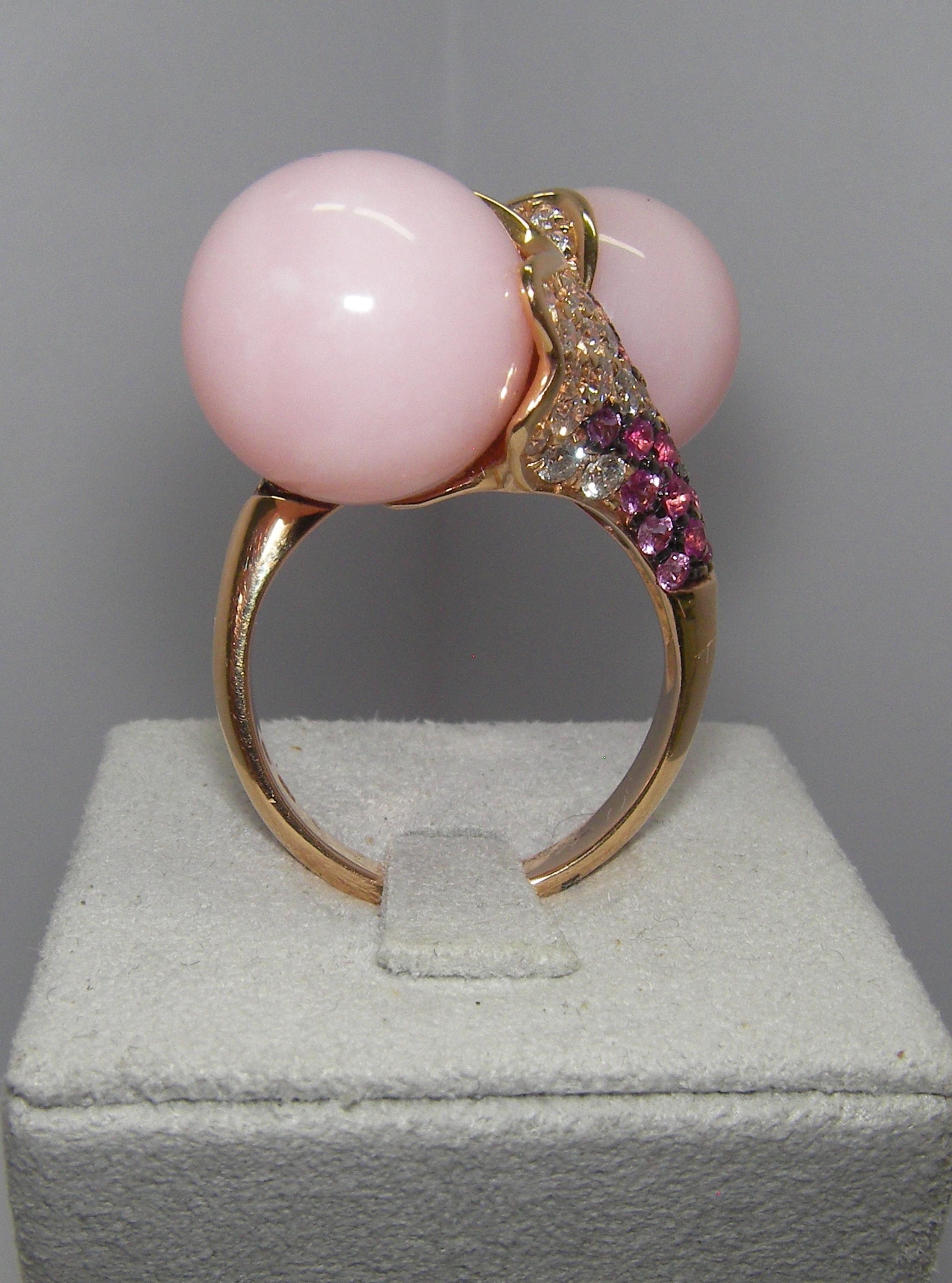 Women's or Men's 18 Karat Rose Gold, Diamond, Pink Sapphire and Rose Opal Cocktail Ring