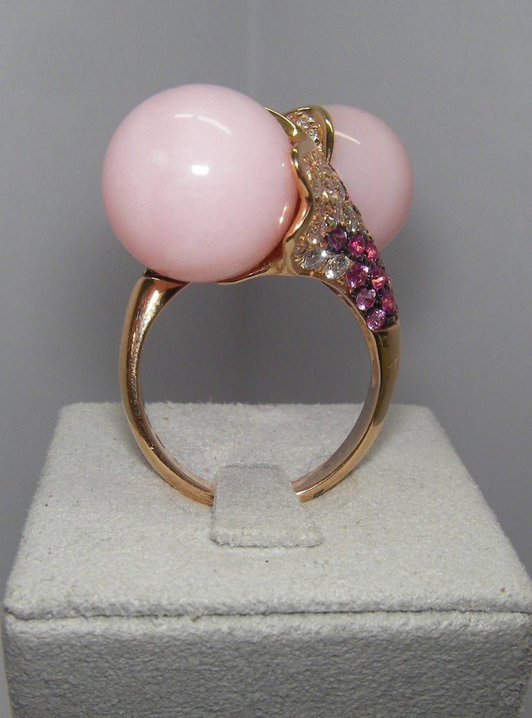 18 Karat Rose Gold, Diamond, Pink Sapphire and Rose Opal Cocktail Ring For Sale 1