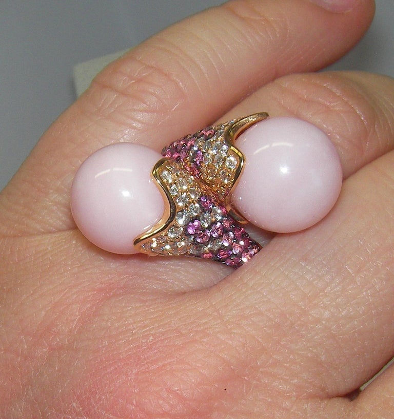 18 Karat Rose Gold, Diamond, Pink Sapphire and Rose Opal Cocktail Ring For Sale 2