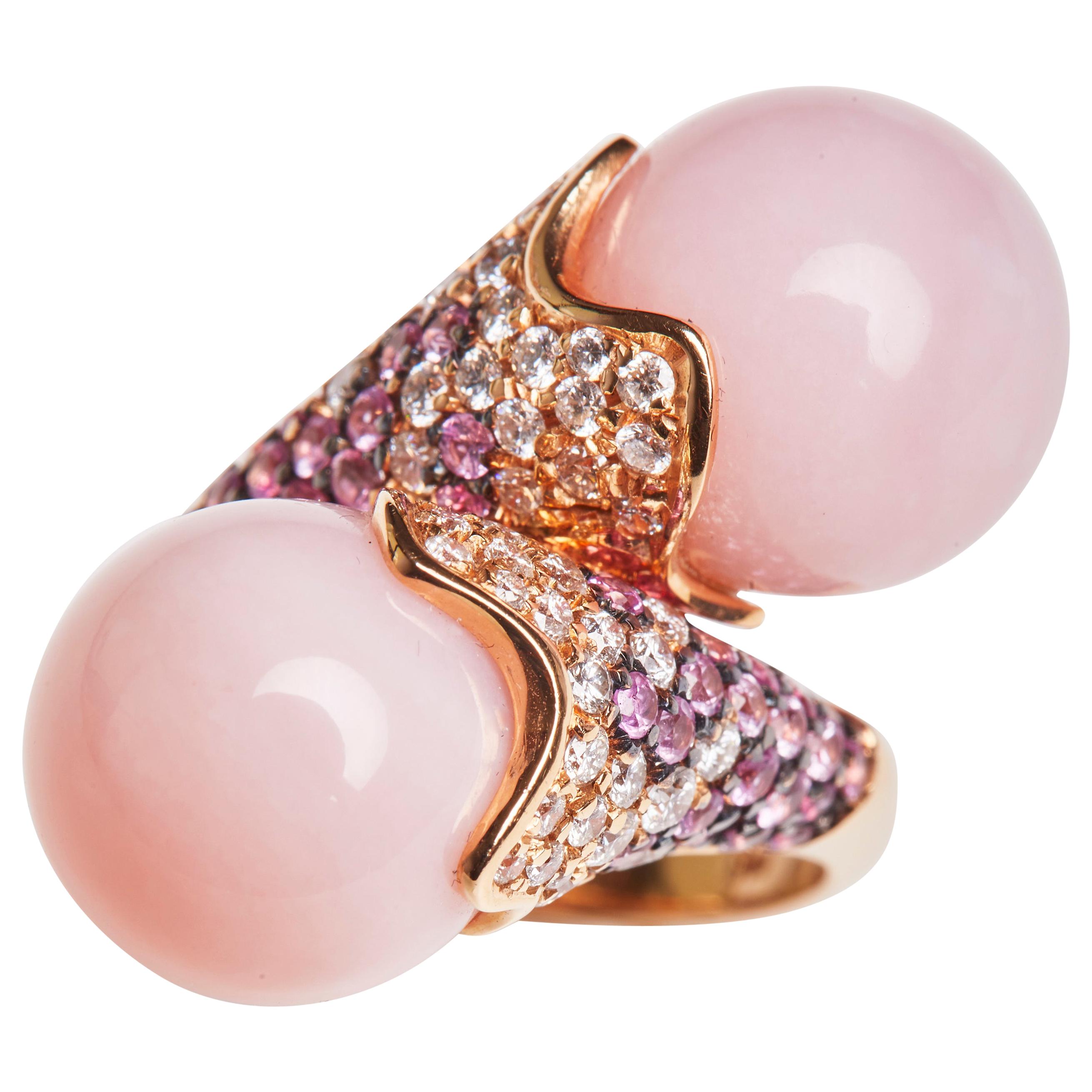 18 Karat Rose Gold, Diamond, Pink Sapphire and Rose Opal Cocktail Ring