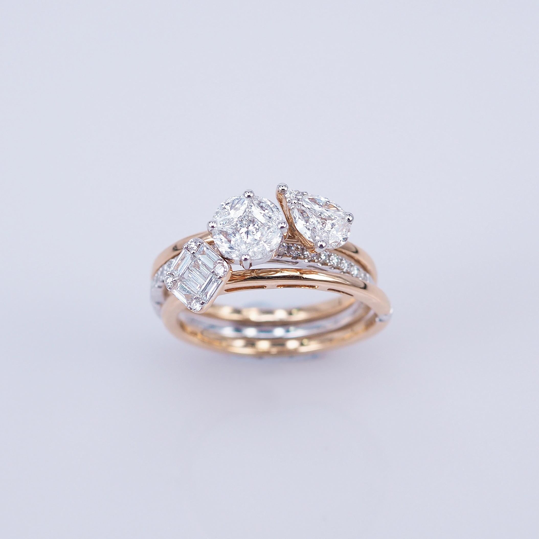 Baguette Cut 18 Karat Rose Gold Diamond Ring For Sale