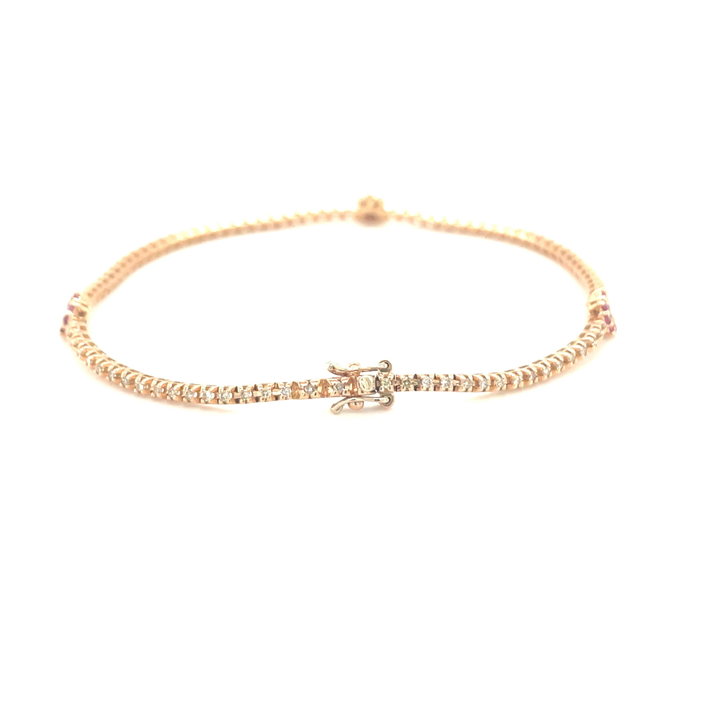Contemporary 18 Karat Rose Gold Diamond Rubies Bracelet For Sale