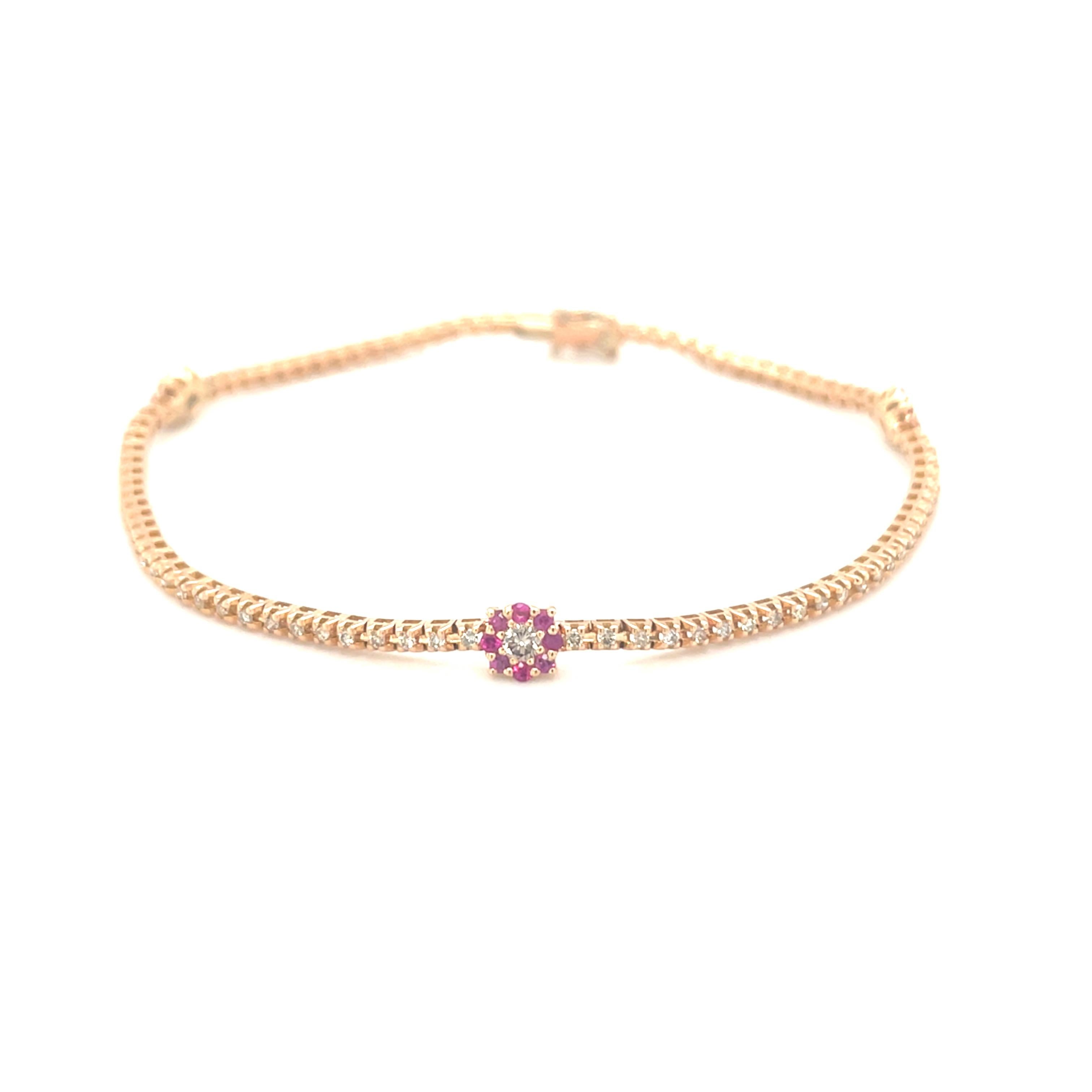 Round Cut 18 Karat Rose Gold Diamond Rubies Bracelet For Sale
