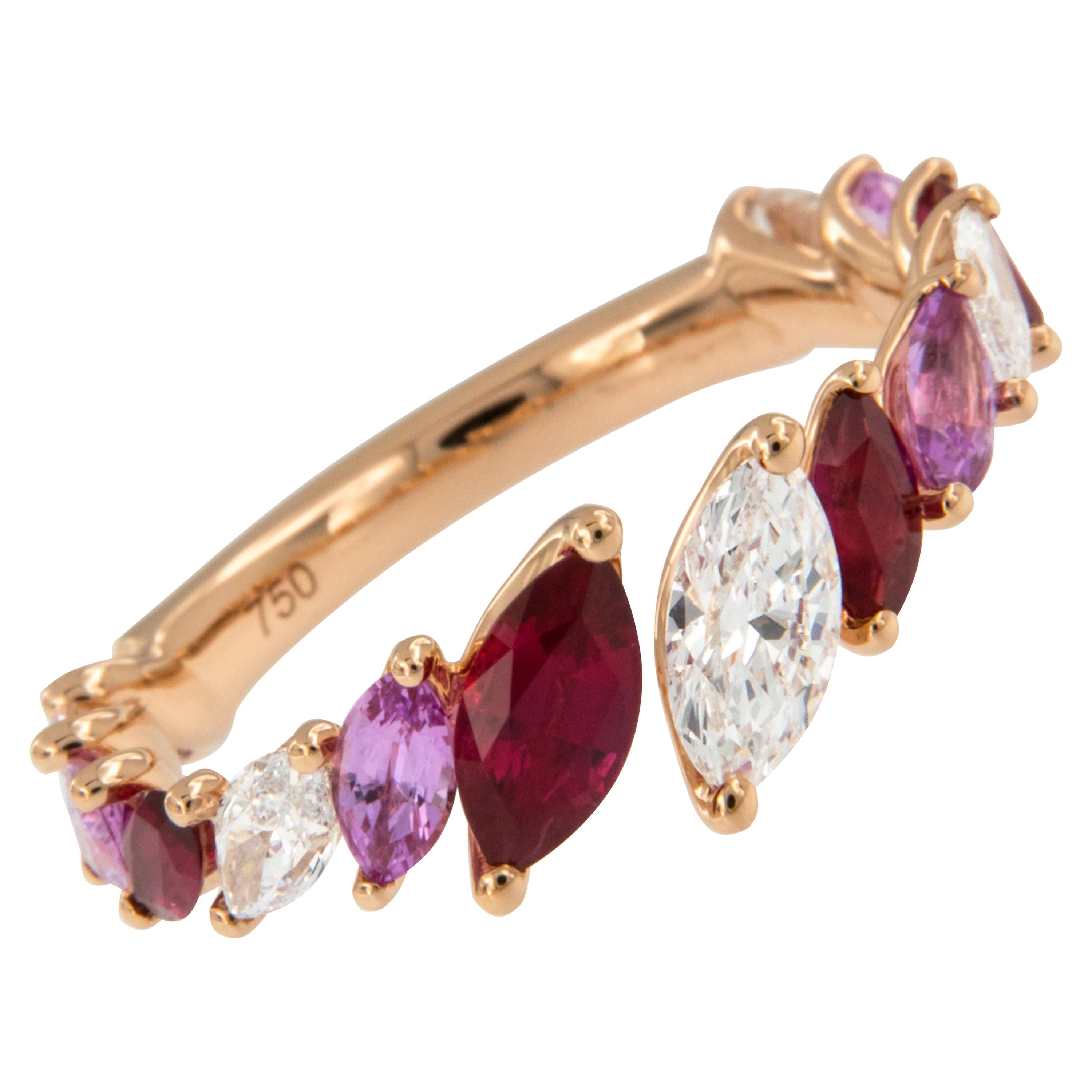 18 Karat Rose Gold Diamond, Ruby and Pink Sapphire Open Bypass Band Ring