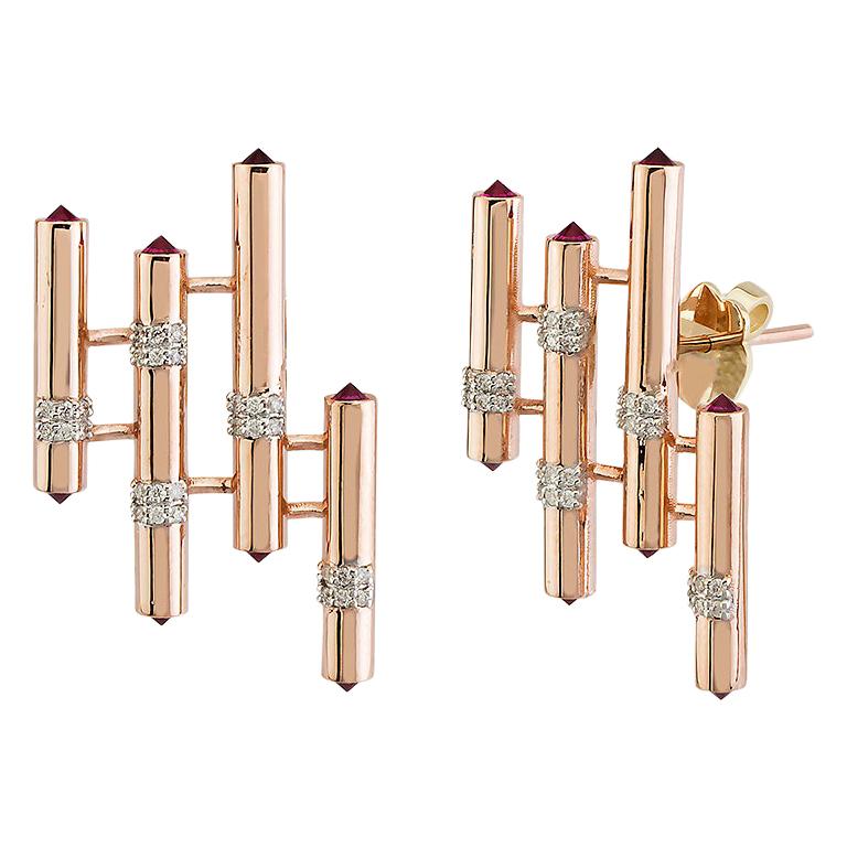 18 Karat Rose Gold, Diamond, Ruby Detailed Gloria Earrings For Sale