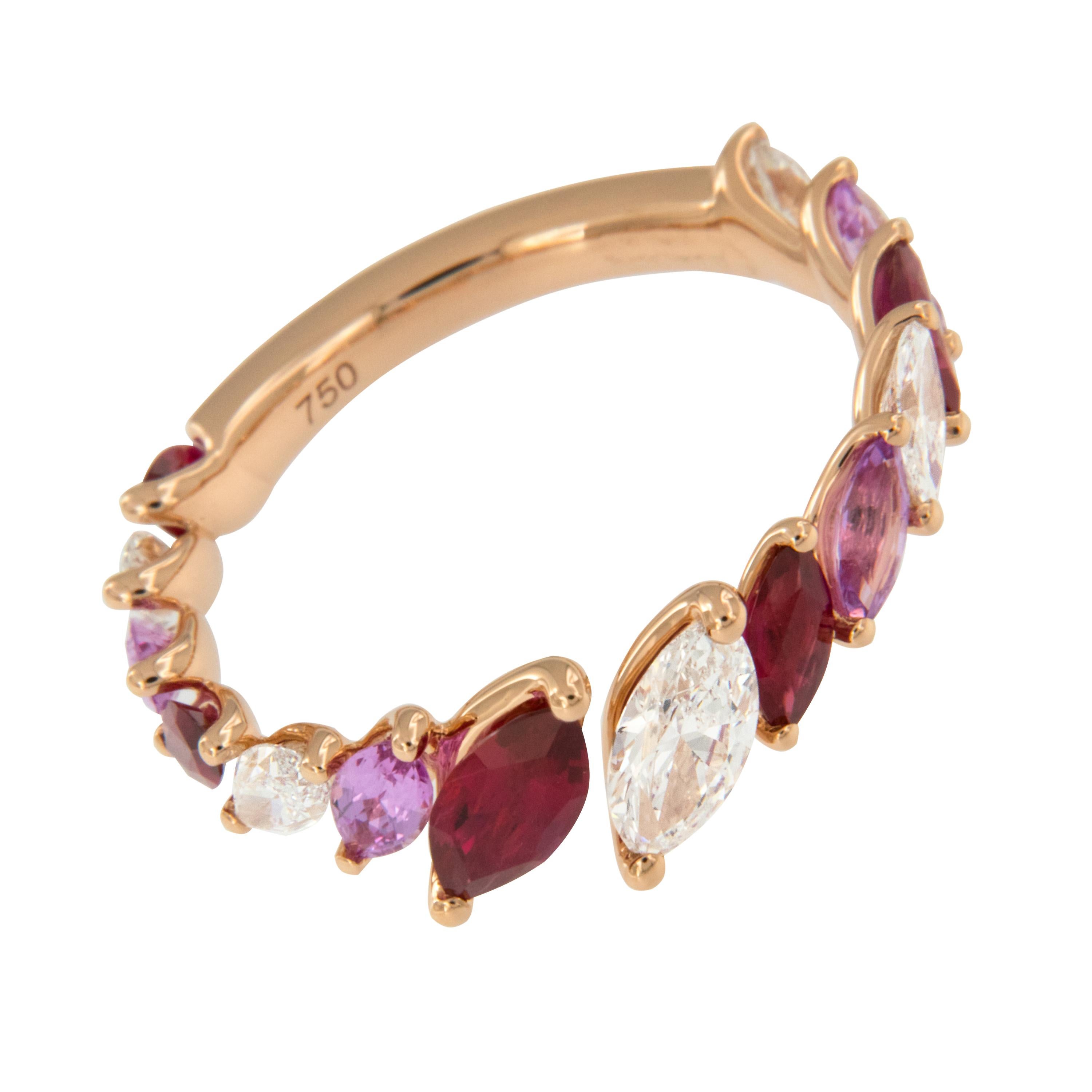 You will be tickled pink with this gorgeous and unique ring! Crafted in 18 karat rose gold with unique, open top bypass style and showcasing the complimetary colors of 5 marquise diamonds = 0.765 Cttw, 5 rubies = 0.93 Cttw & 4 pink sapphires = 0.62