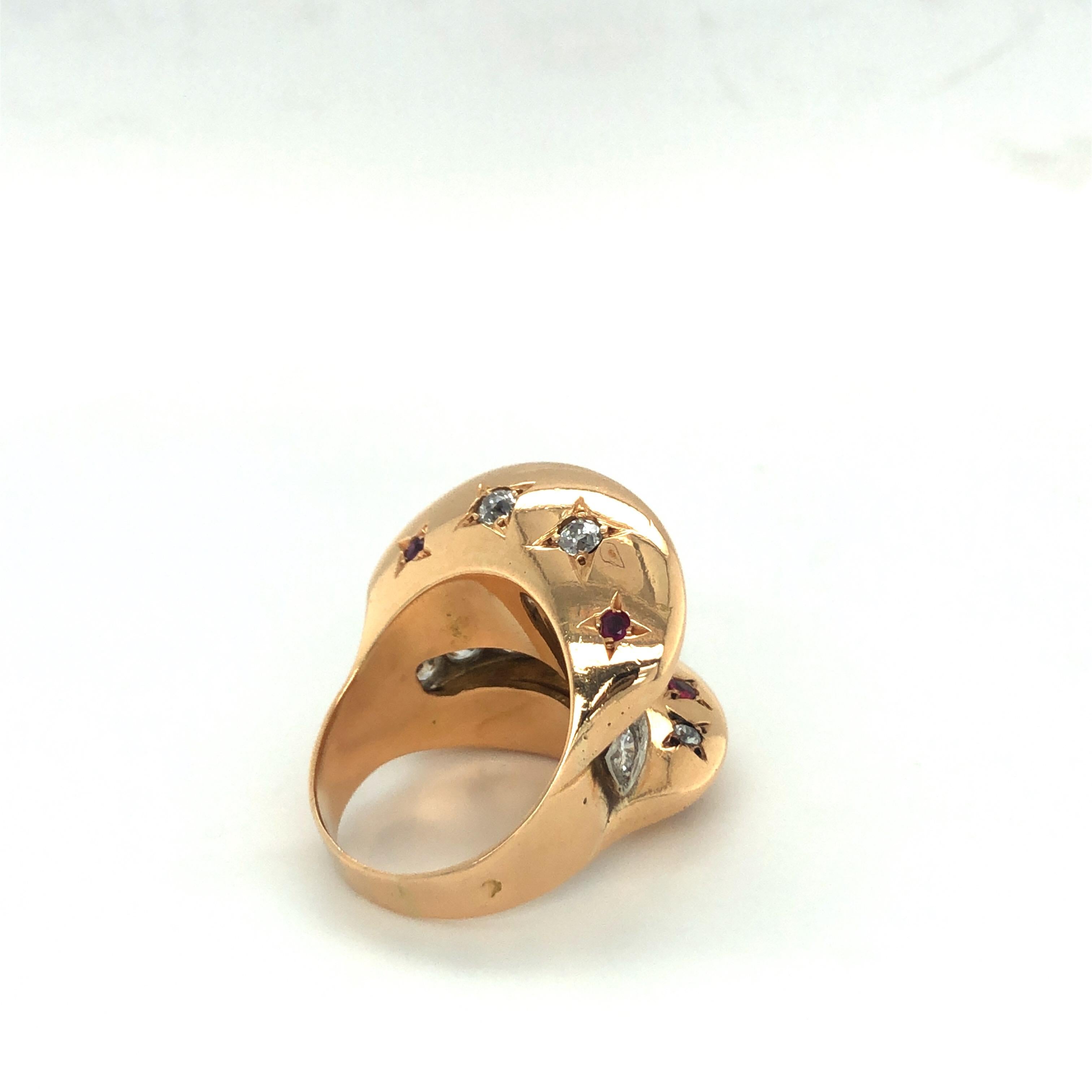 Old European Cut 18 Karat Rose Gold Diamond Ruby Retro Ring For Sale