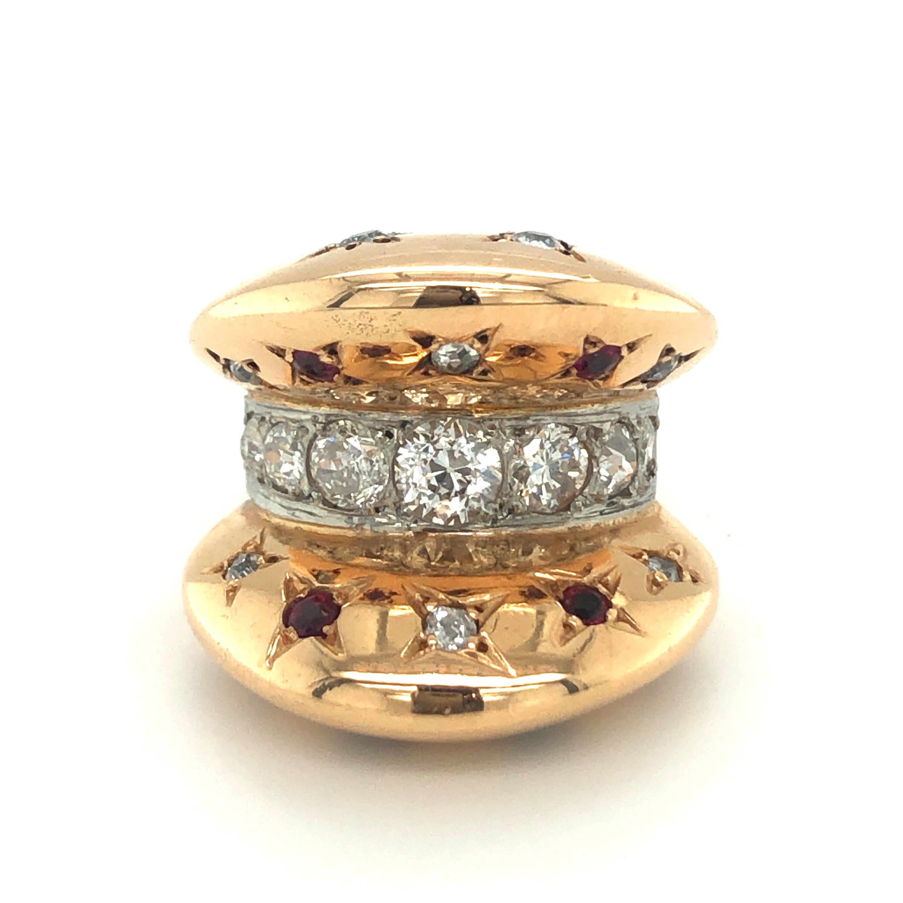 18 Karat Rose Gold Diamond Ruby Retro Ring For Sale 1