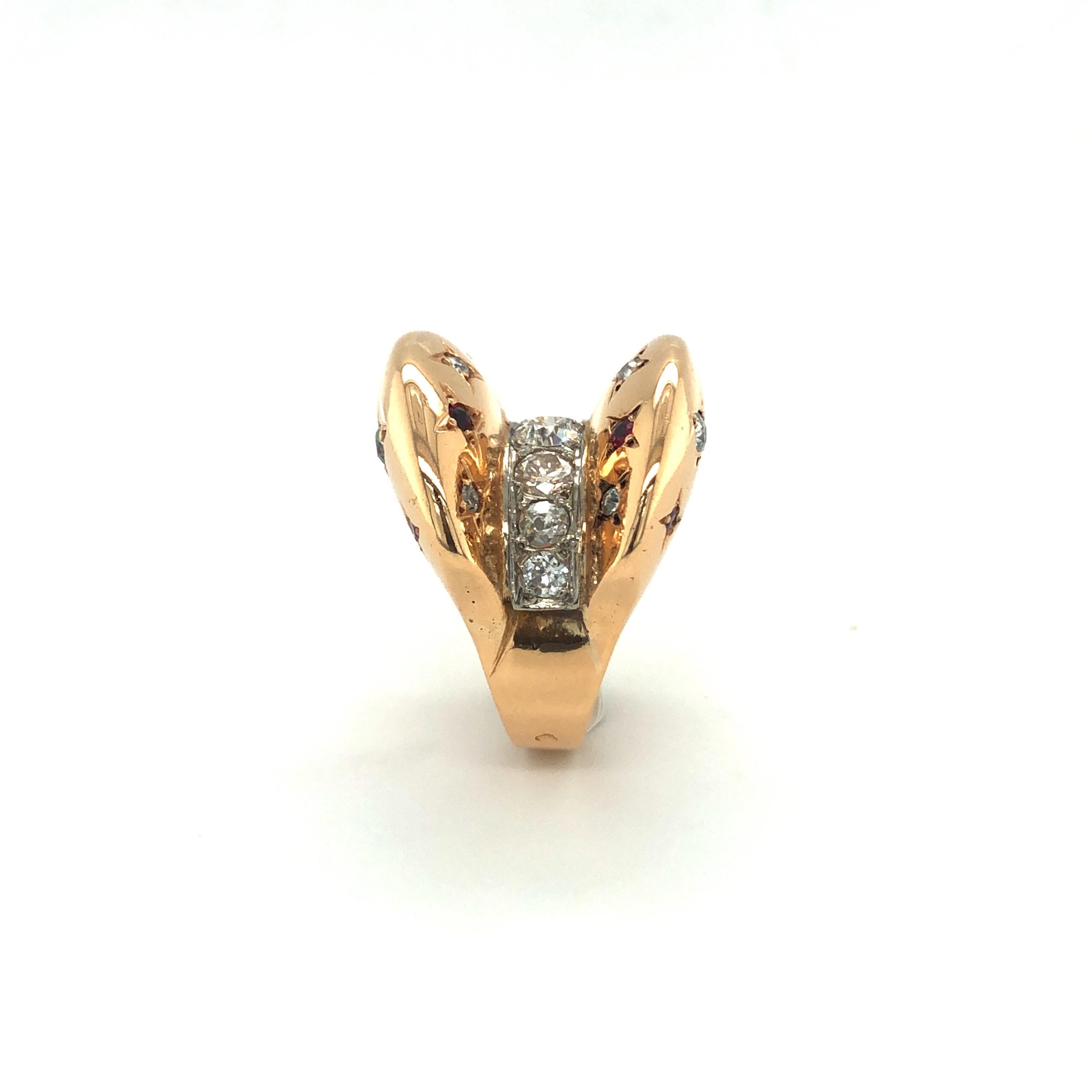 18 Karat Rose Gold Diamond Ruby Retro Ring For Sale 2