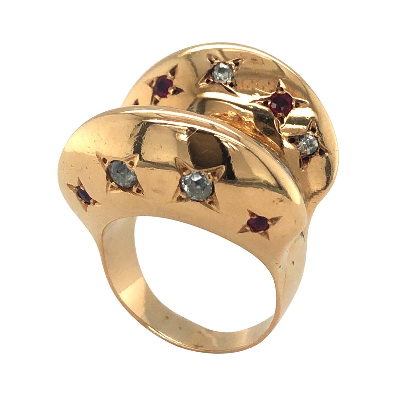 18 Karat Rose Gold Diamond Ruby Retro Ring For Sale