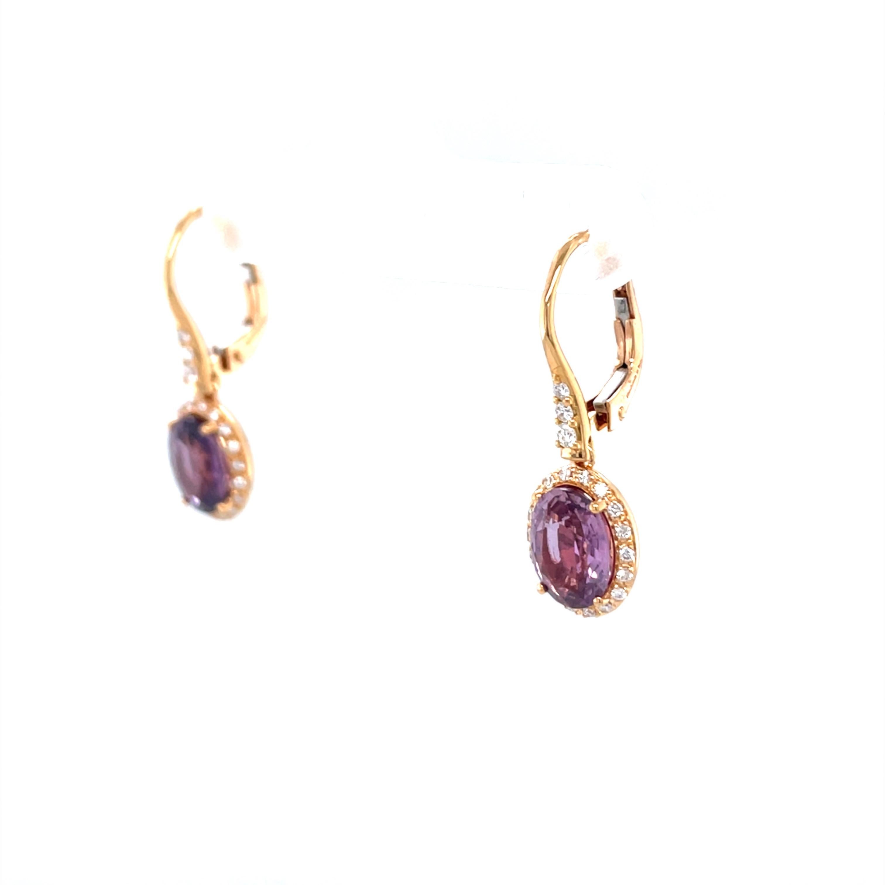 Oval Cut 18 Karat Rose Gold Diamond Sapphire Drop Earrings For Sale