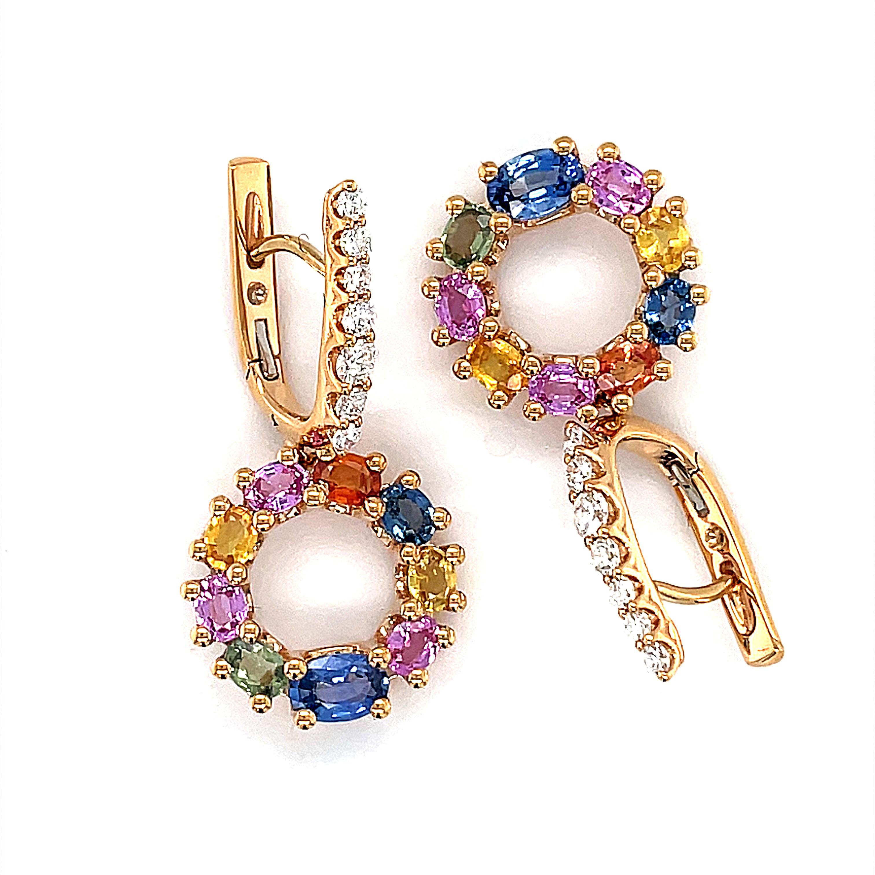 Boucles d'oreilles pendantes en or rose 18 carats avec diamants et saphirs en vente 3