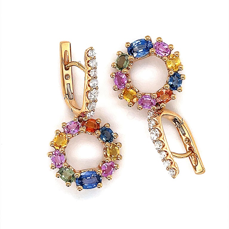 18 Karat Rose Gold Diamond Sapphire Drop Earrings For Sale 3