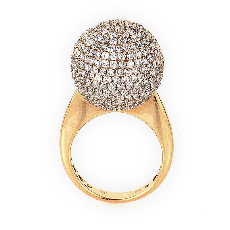 This ring is ravishing and shines with diamonds. This opulent ring is made of 18K rose gold and boasts a sphere shaped accent set with ~5.46ct of diamonds. The ring is a size 6.5.

