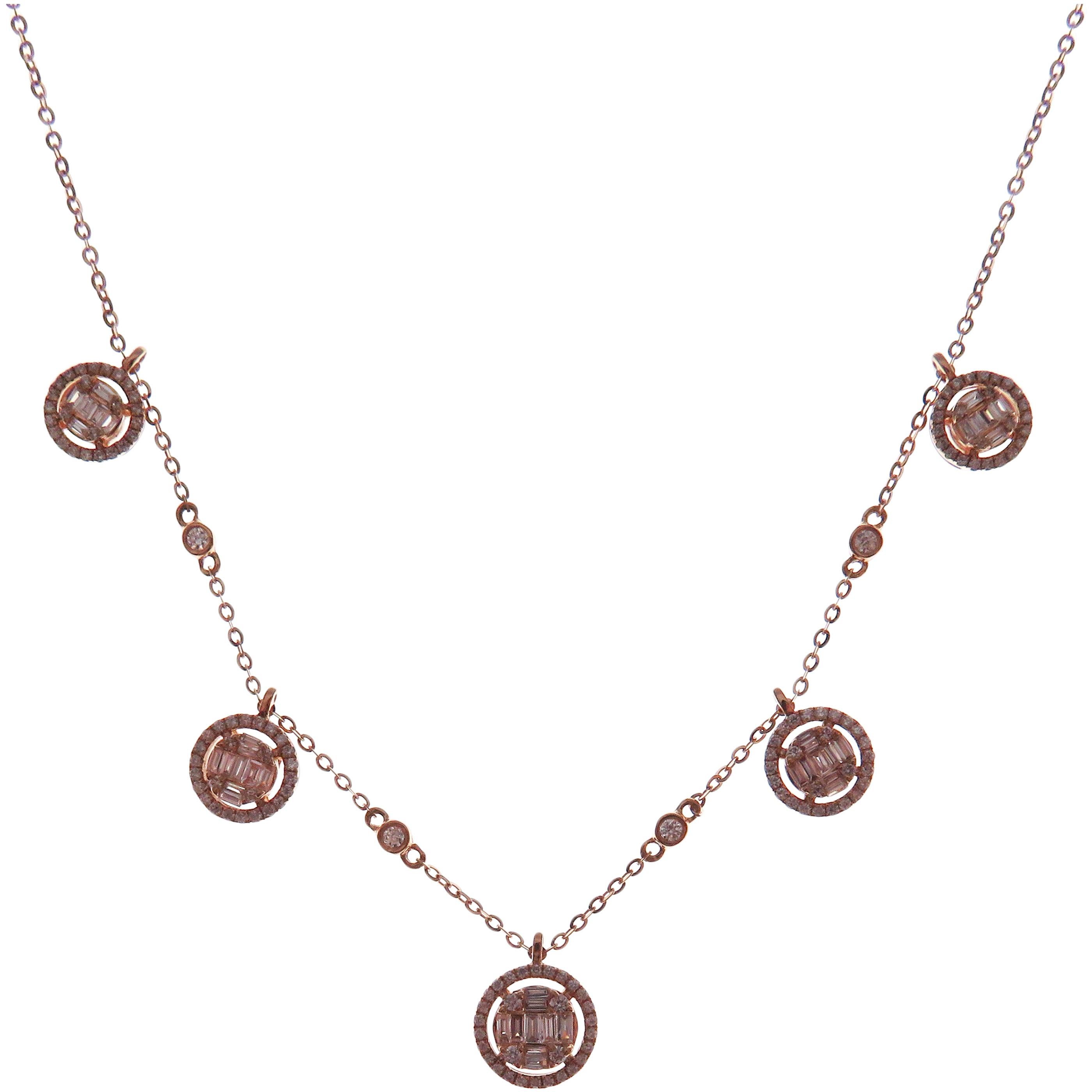 Round Cut 18 Karat Rose Gold Diamond Simple Baguette Strand DBY Necklace For Sale