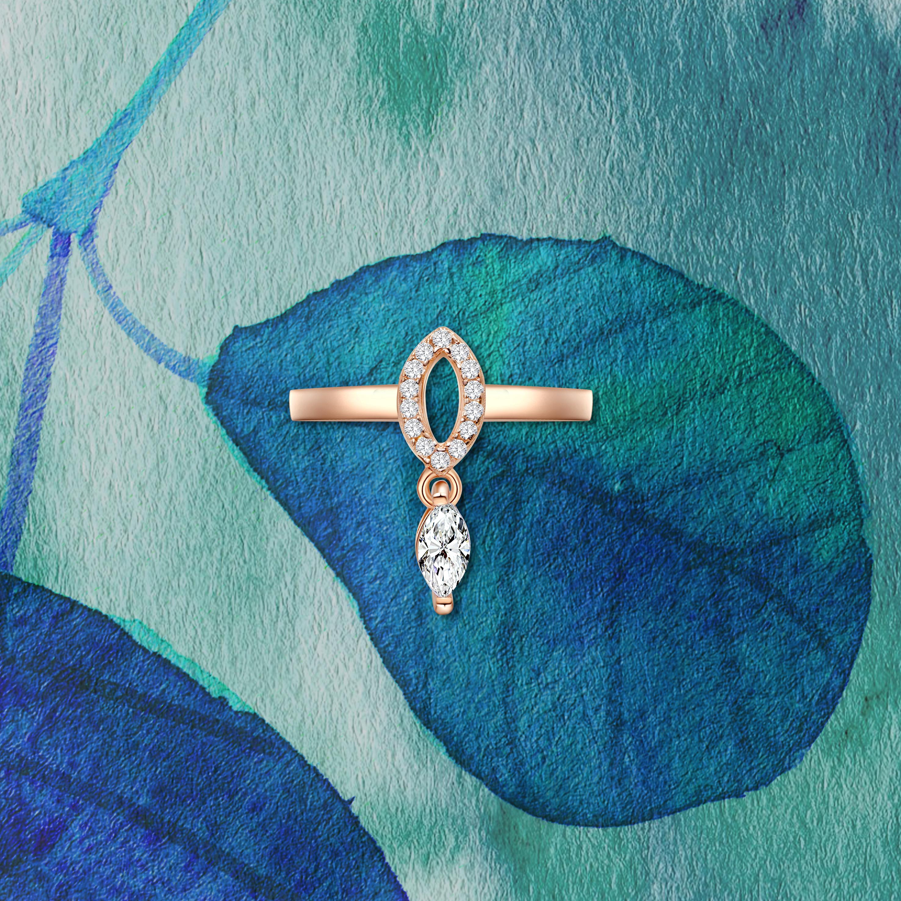 Contemporary 18 Karat Rose Gold Diamond Single Leaf Ring For Sale